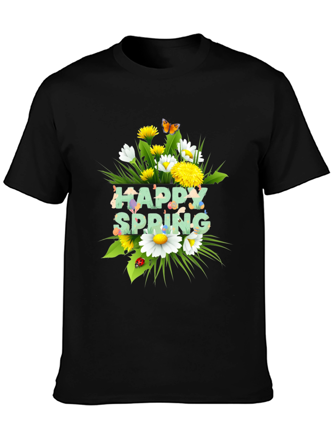 Happy Spring Floral Graphic Black T-Shirt