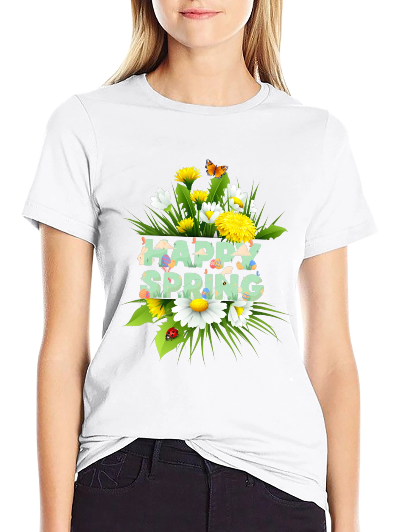 Happy Spring Floral Graphic Black T-Shirt