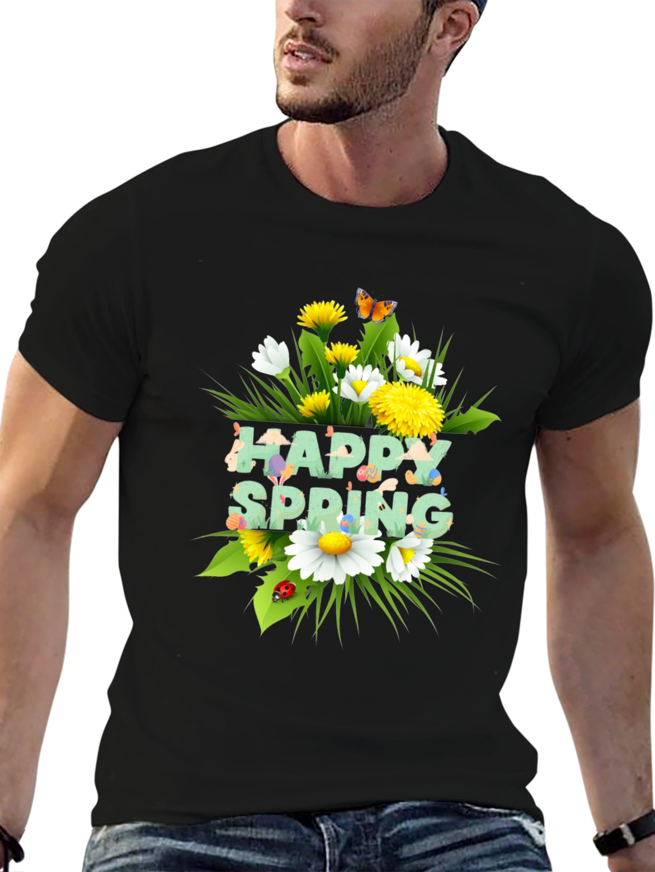 Happy Spring Floral Graphic Black T-Shirt