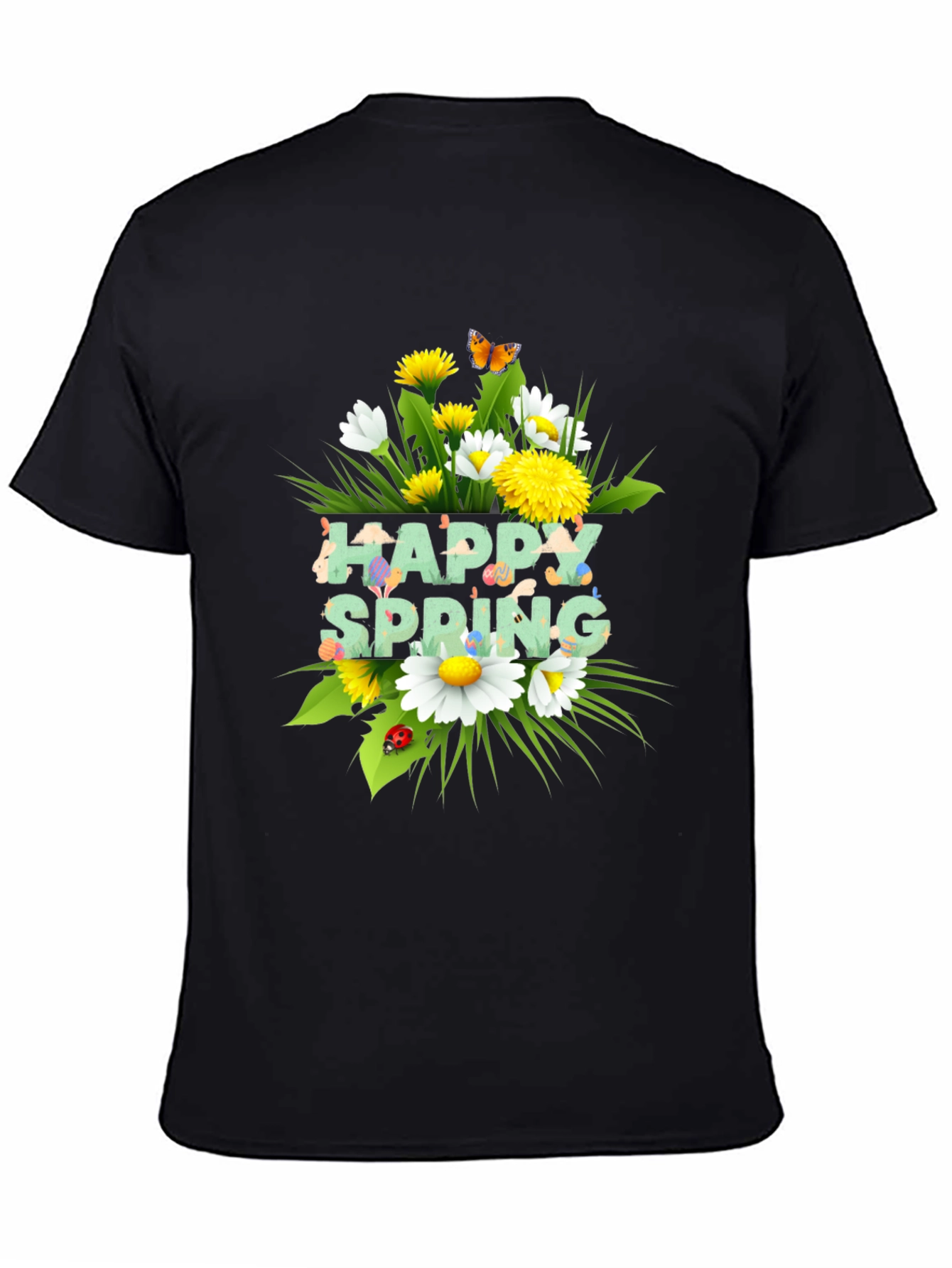 Happy Spring Floral Graphic Black T-Shirt