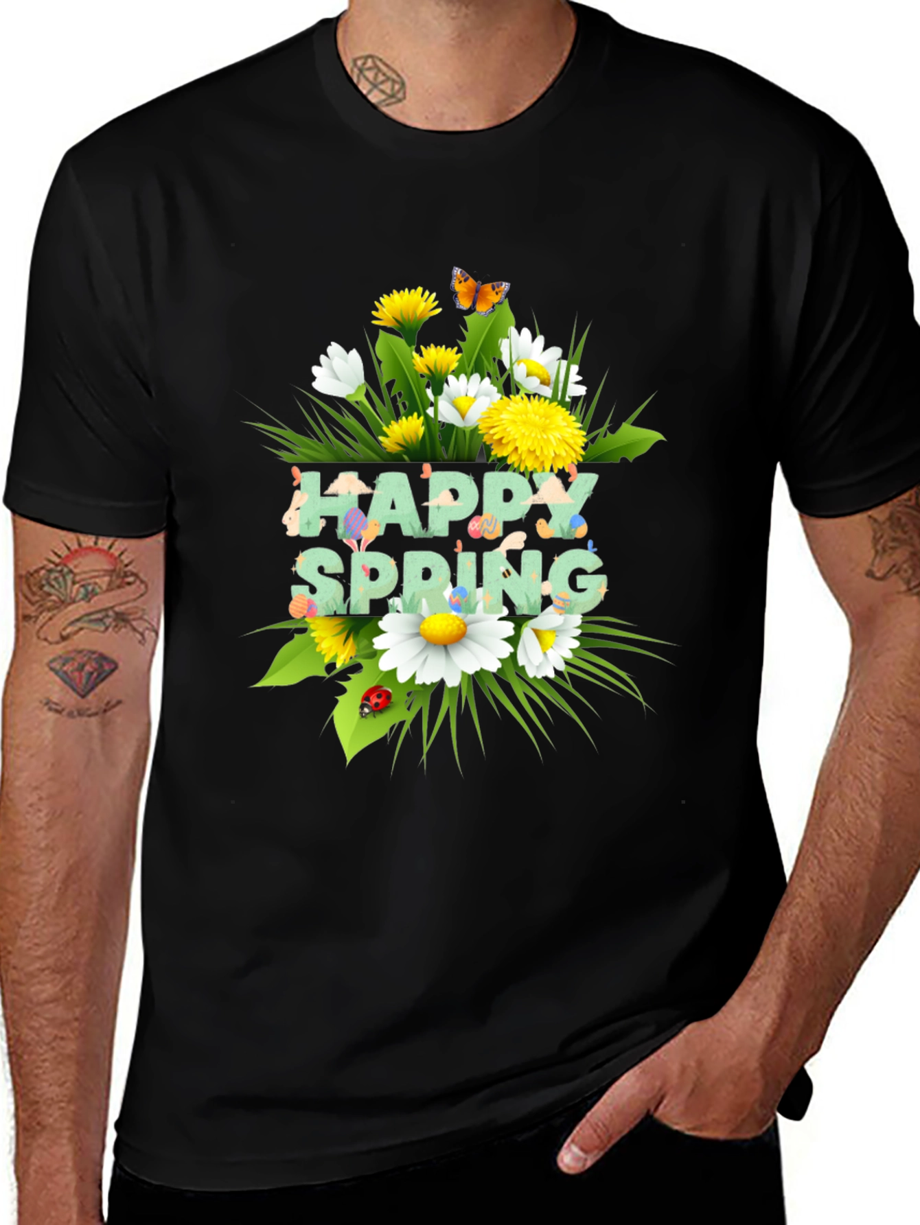 Happy Spring Floral Graphic Black T-Shirt