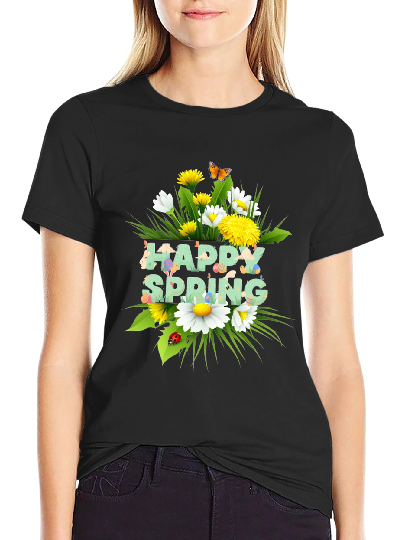 Happy Spring Floral Graphic Black T-Shirt