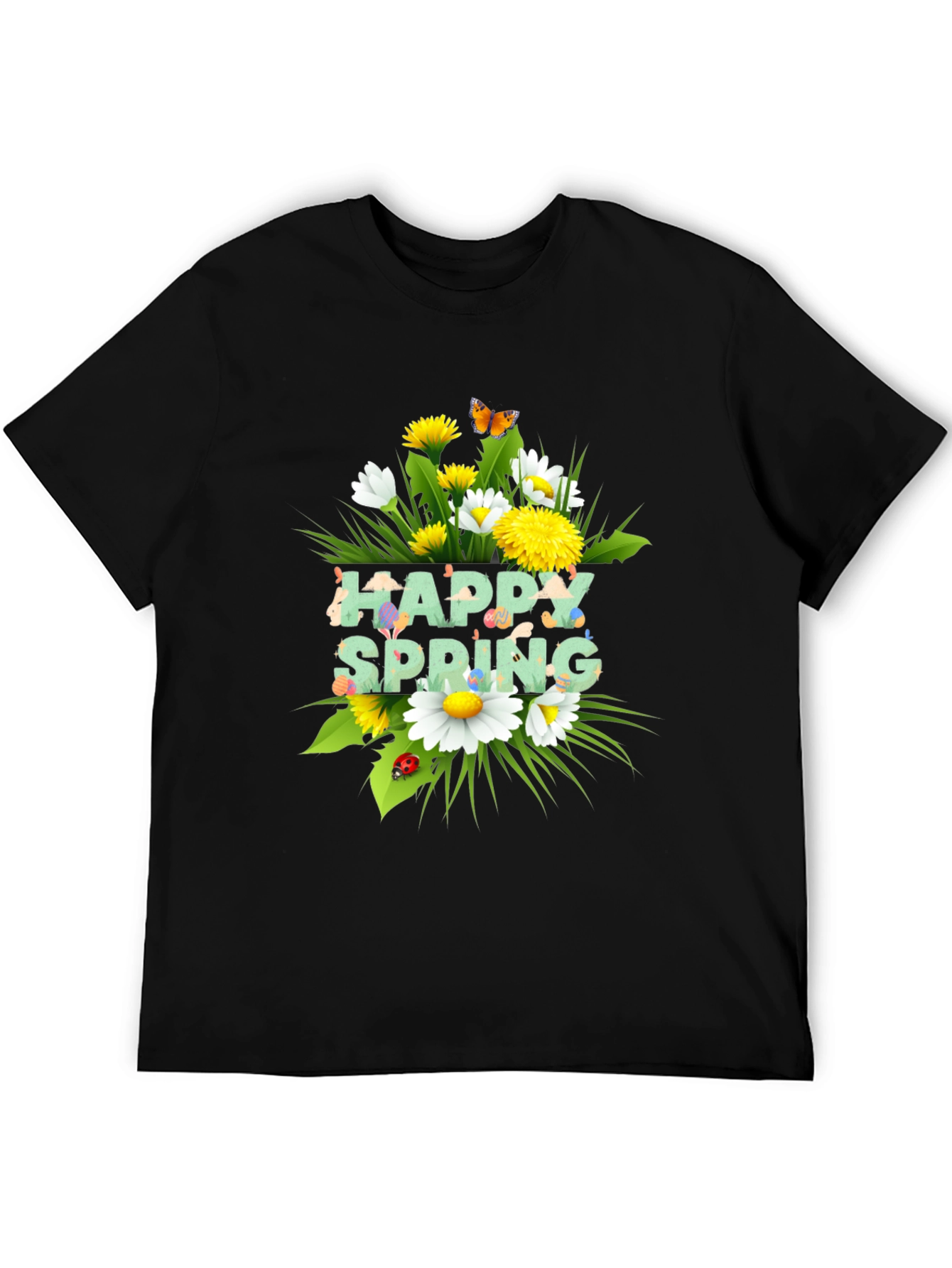 Happy Spring Floral Graphic Black T-Shirt