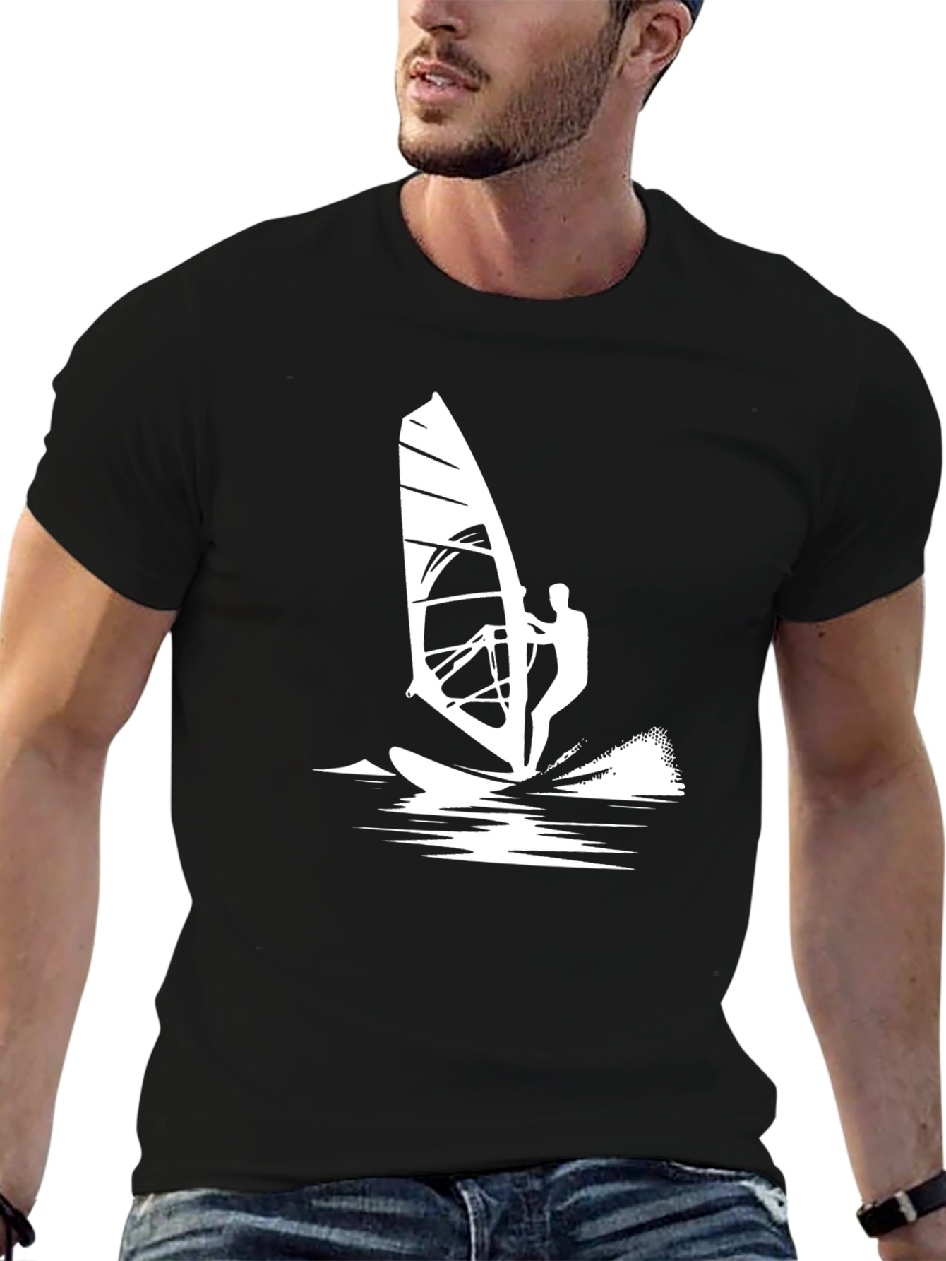 Windsurfing Graphic Tee - Black Cotton T-Shirt
