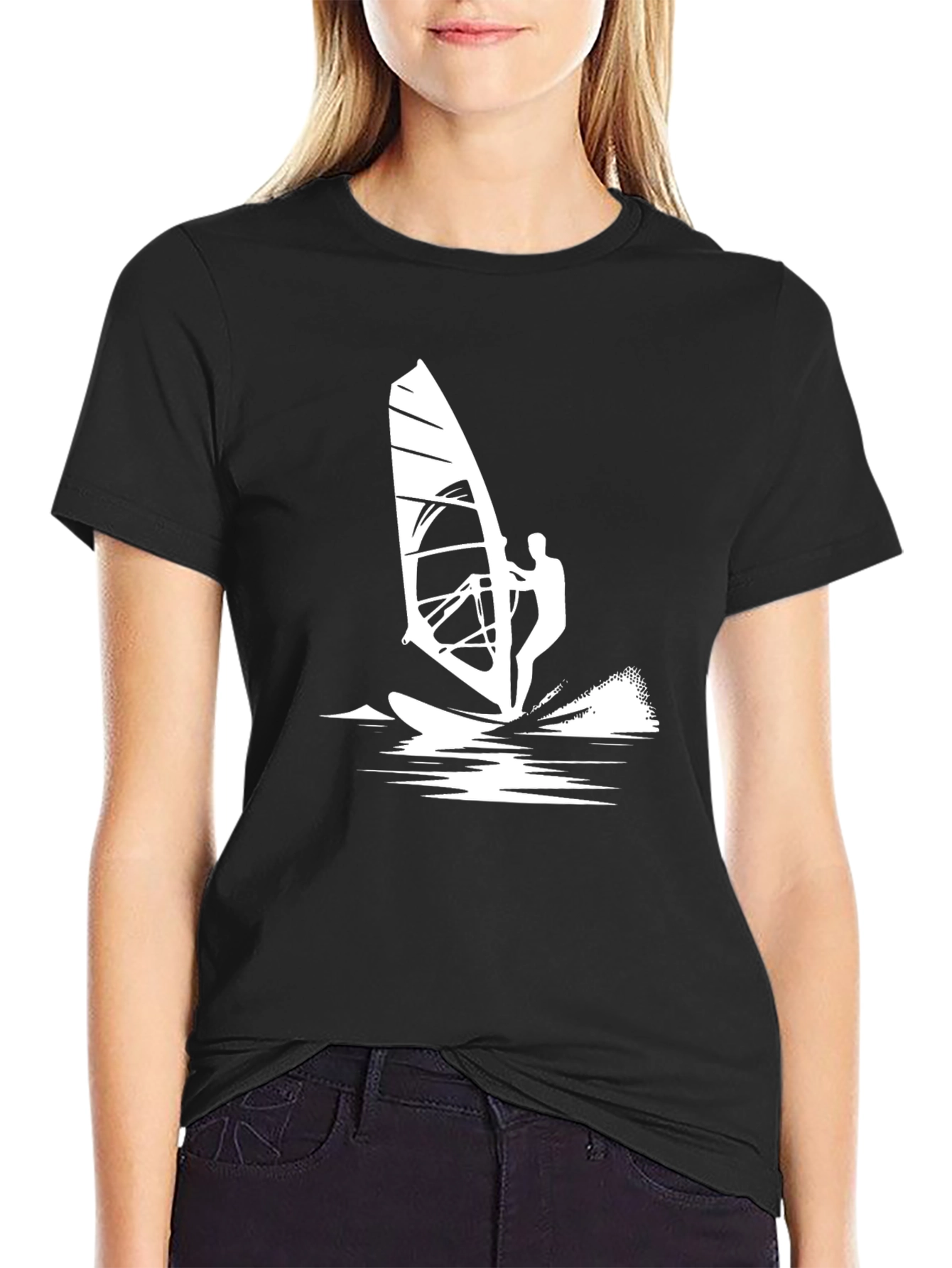 Windsurfing Graphic Tee - Black Cotton T-Shirt