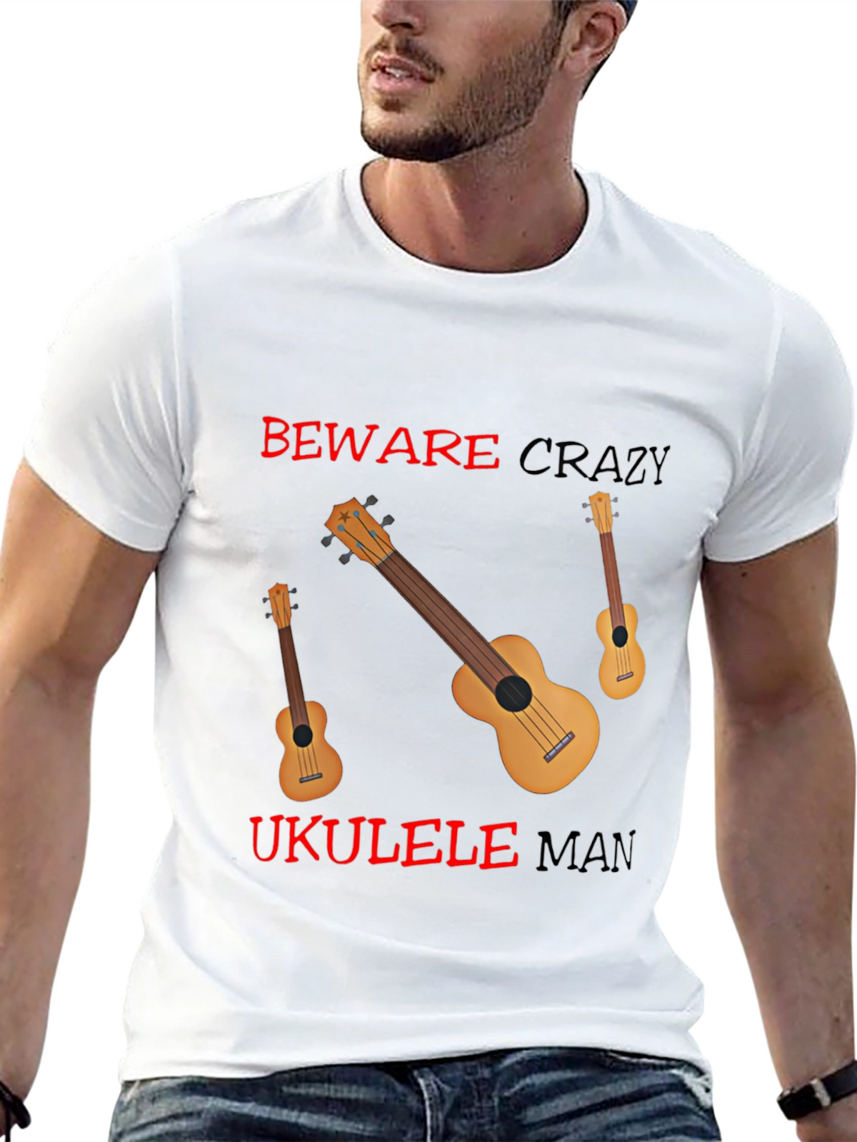 Beware Crazy Ukulele Man Black Graphic Tee