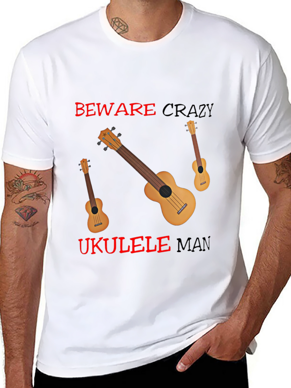 Beware Crazy Ukulele Man Black Graphic Tee