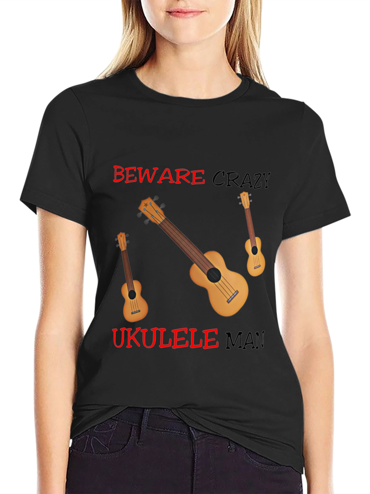 Beware Crazy Ukulele Man Black Graphic Tee