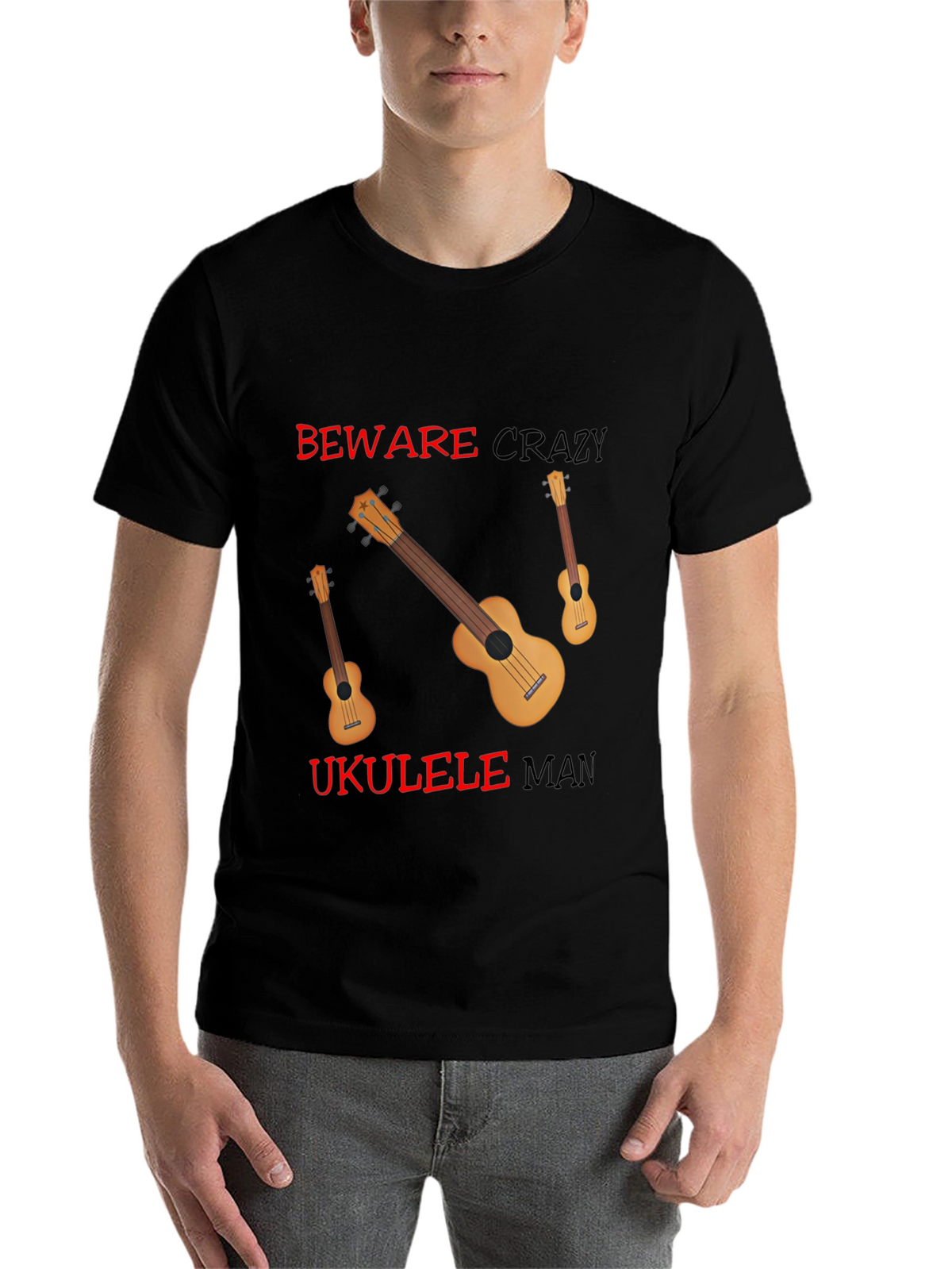 Beware Crazy Ukulele Man Black Graphic Tee
