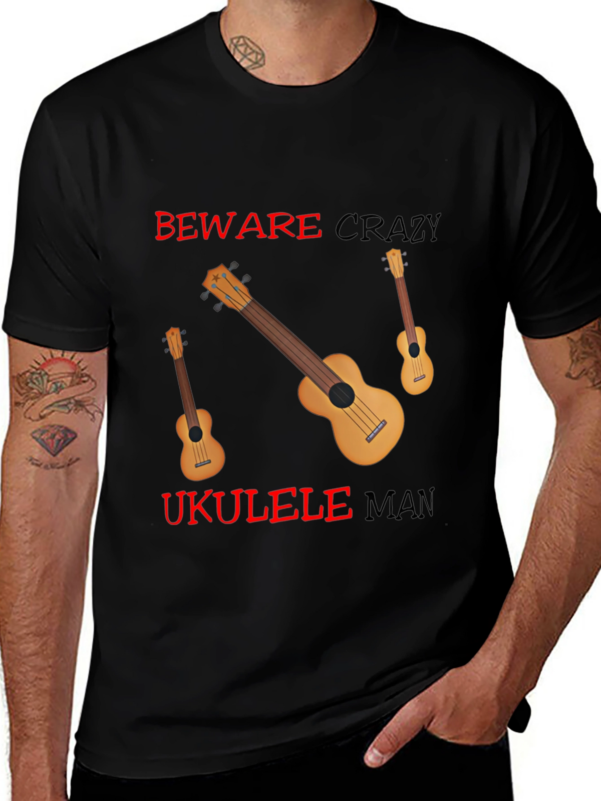 Beware Crazy Ukulele Man Black Graphic Tee