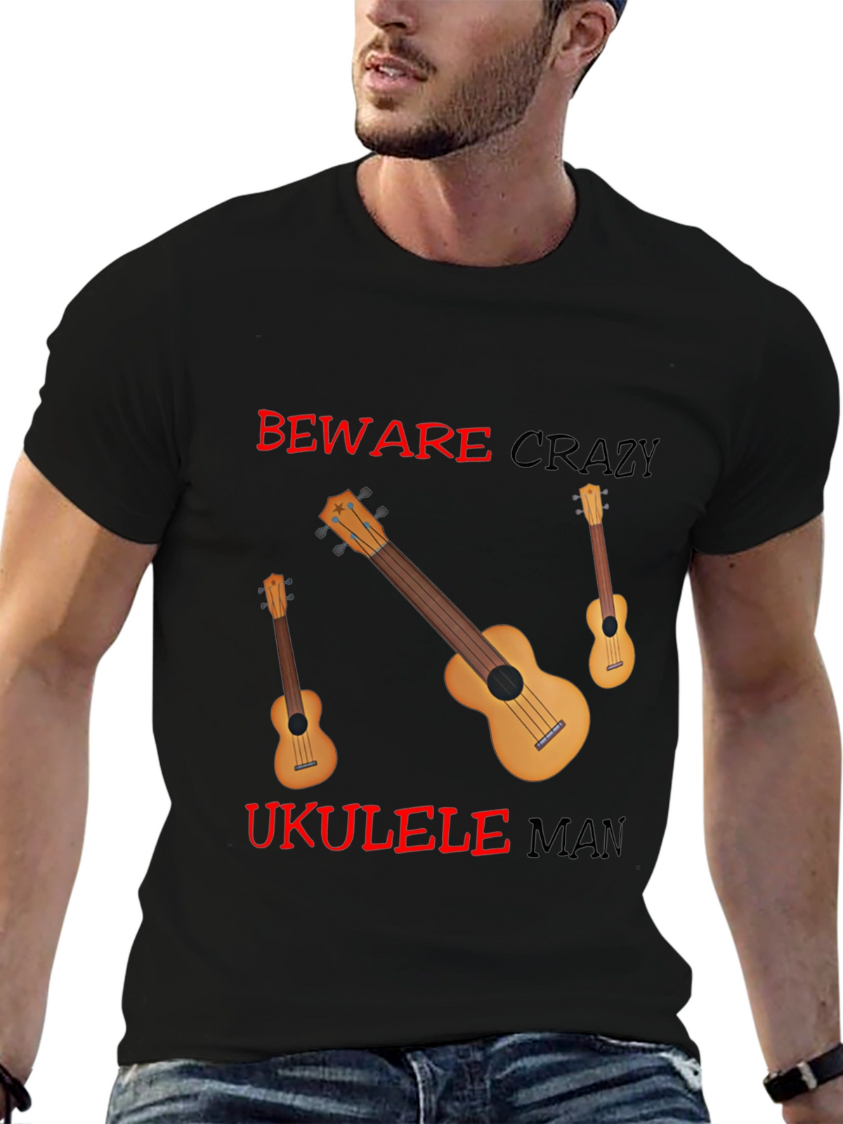 Beware Crazy Ukulele Man Black Graphic Tee