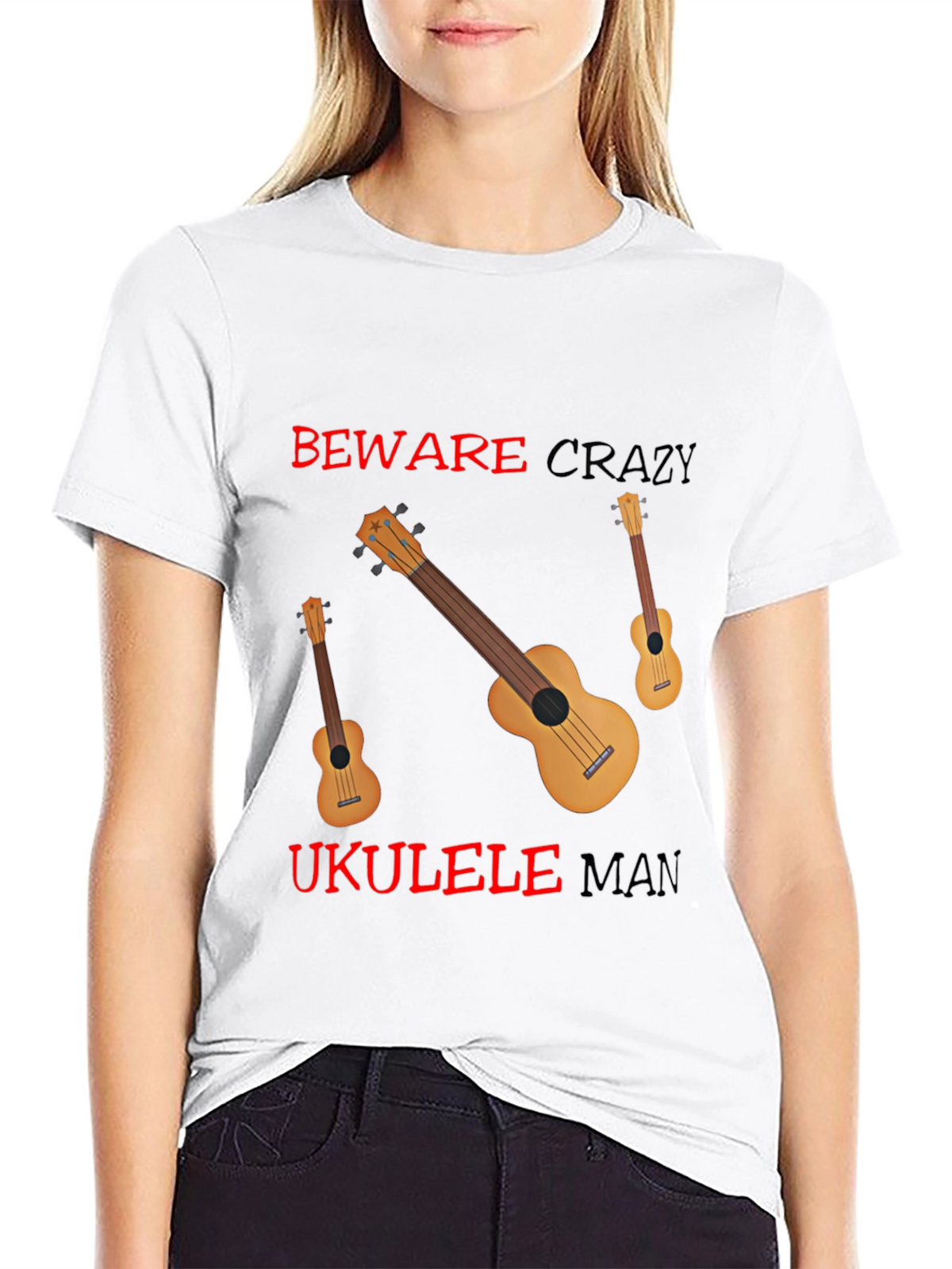 Beware Crazy Ukulele Man Black Graphic Tee