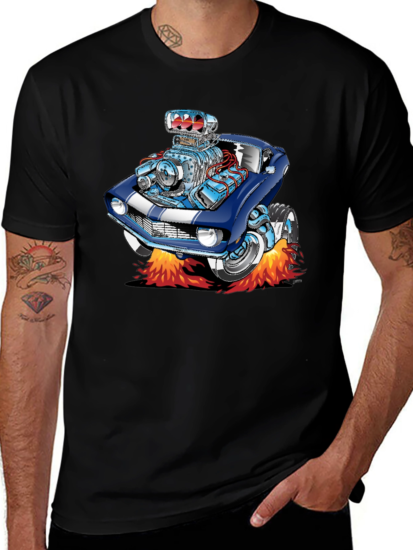 Cartoon Car Flames Black T-Shirt