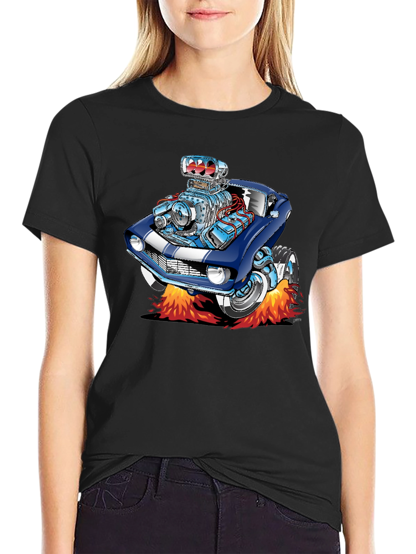 Cartoon Car Flames Black T-Shirt