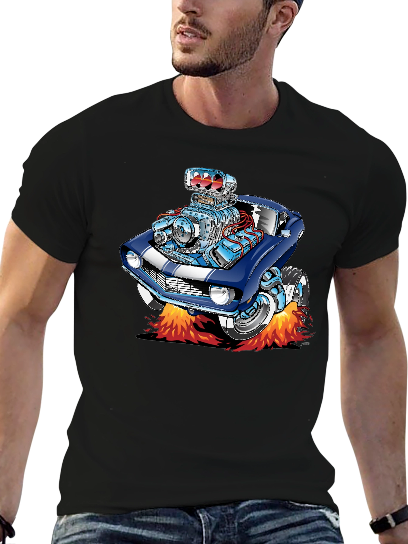 Cartoon Car Flames Black T-Shirt