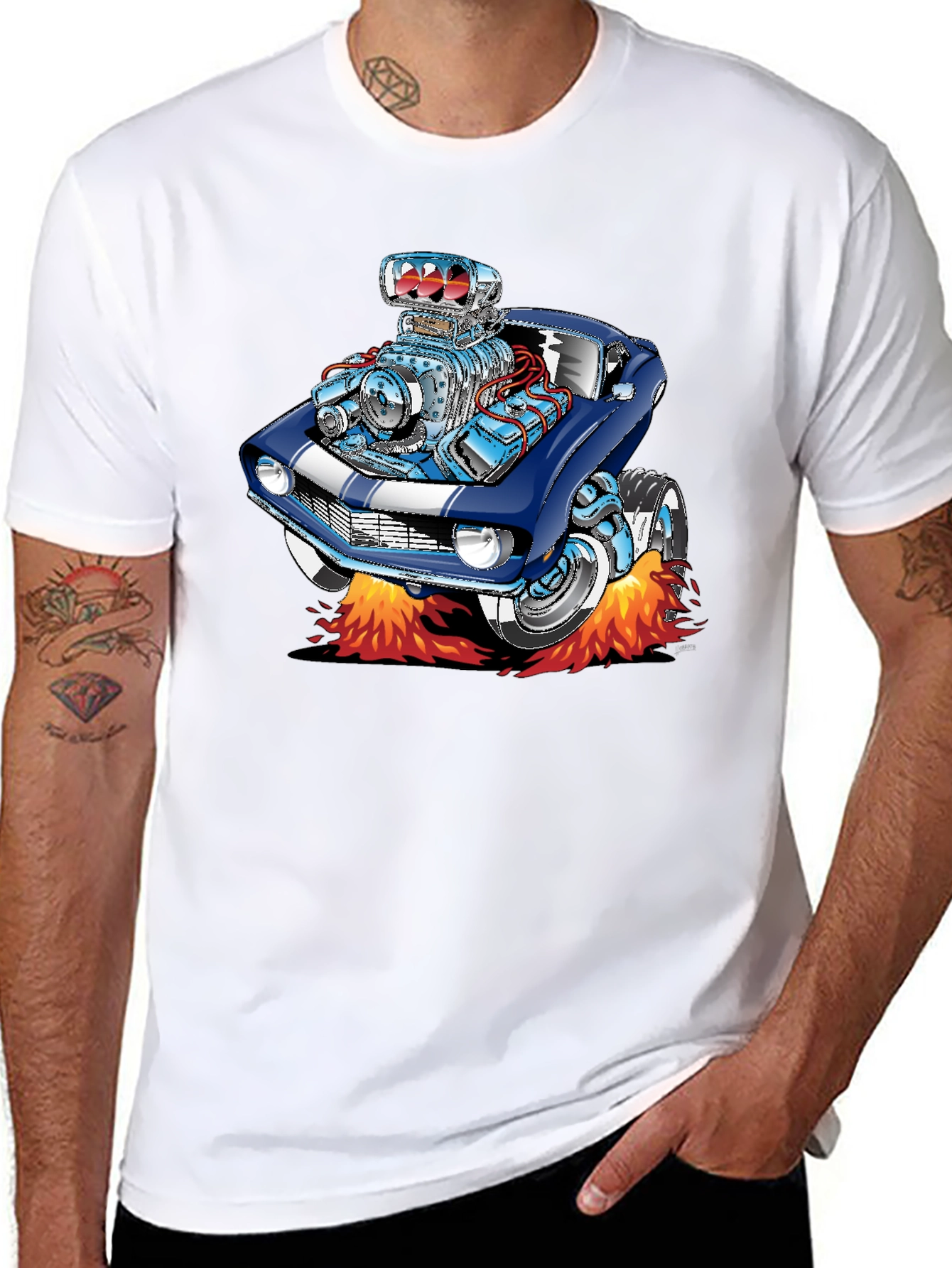 Cartoon Car Flames Black T-Shirt