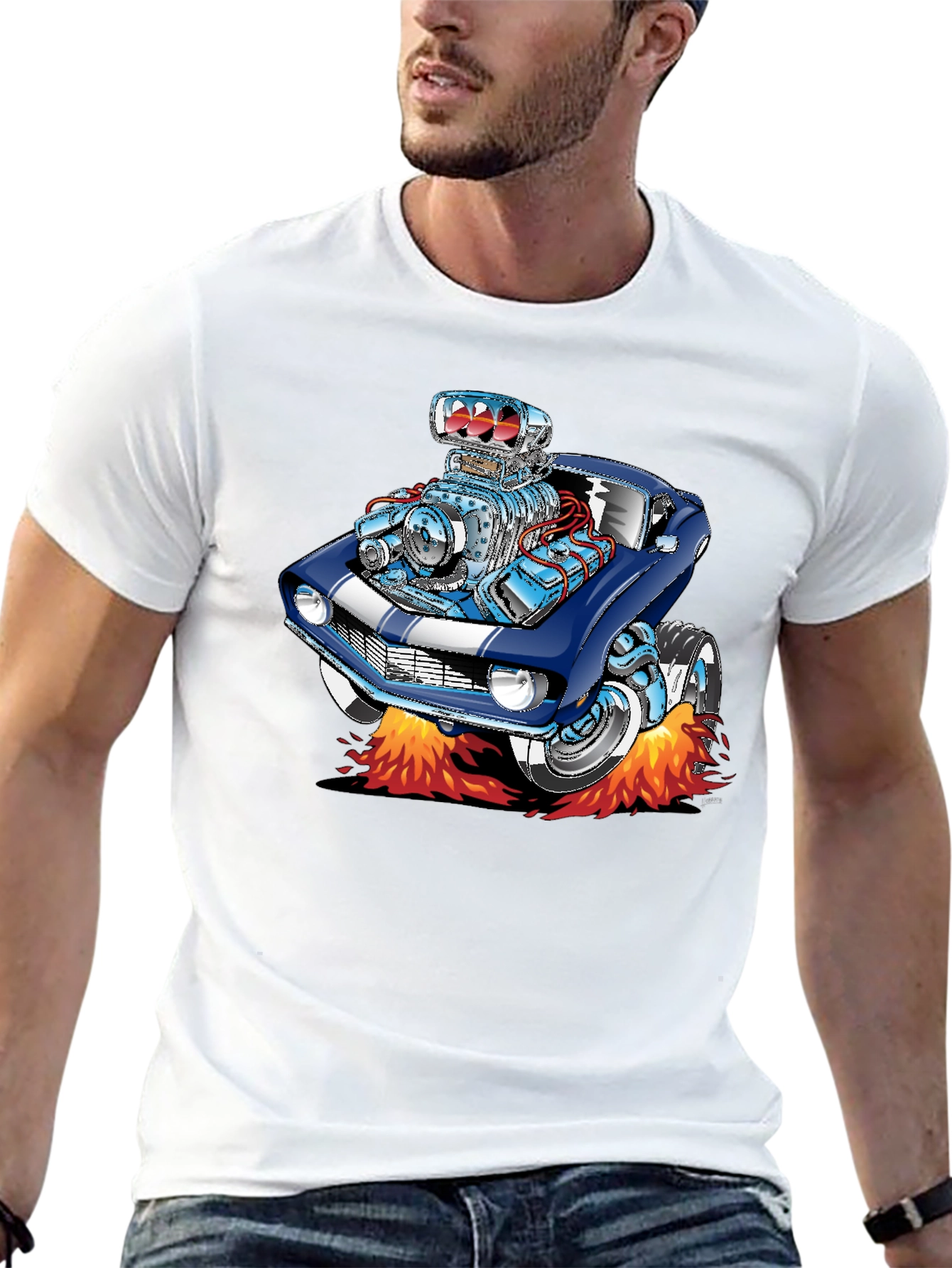 Cartoon Car Flames Black T-Shirt