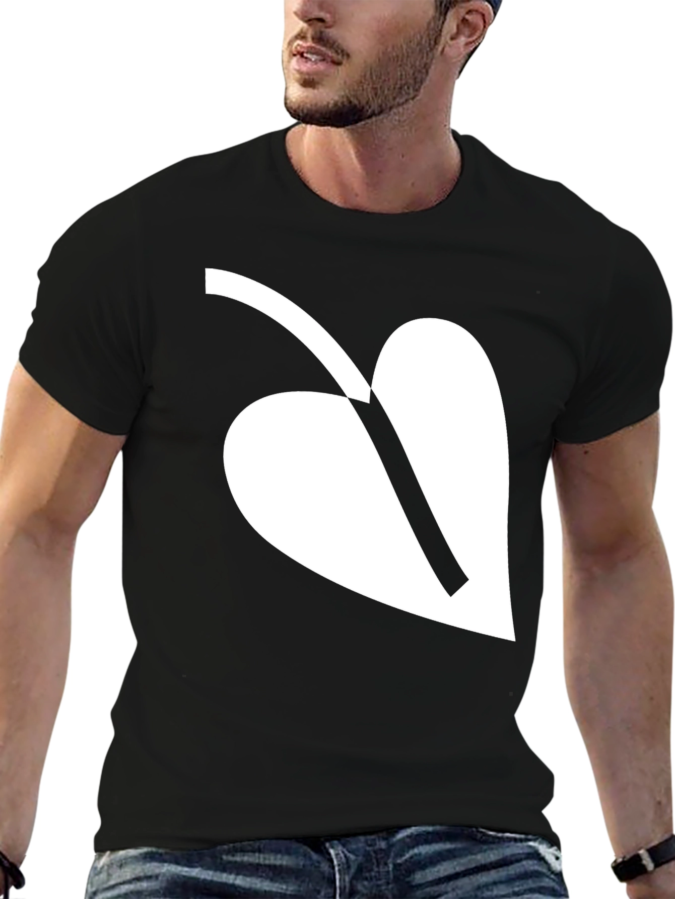 Black T-Shirt with White Leaf Graphic Print Casual Wear