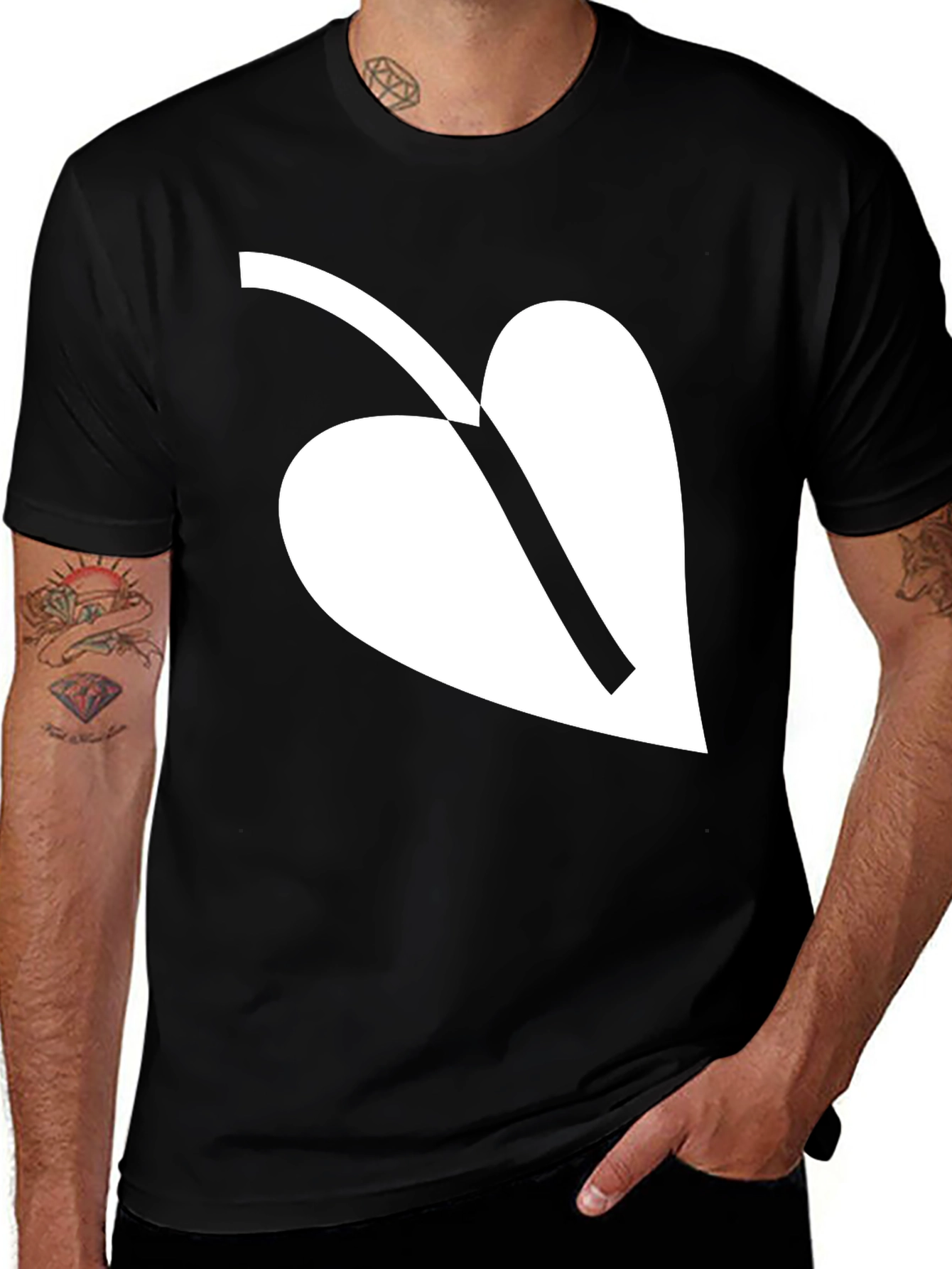 Black T-Shirt with White Leaf Graphic Print Casual Wear