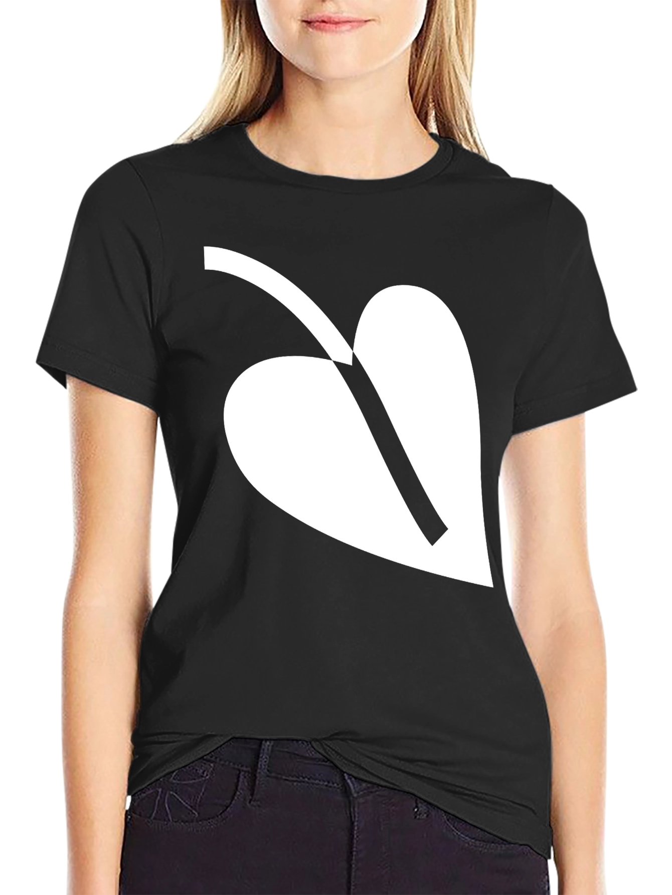 Black T-Shirt with White Leaf Graphic Print Casual Wear