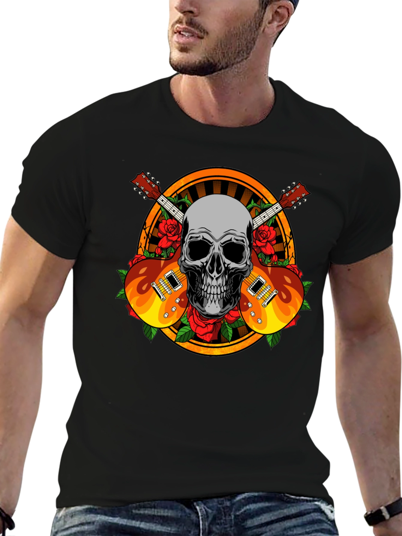 Skull Guitar and Roses Graphic Tee - Rocker Style
