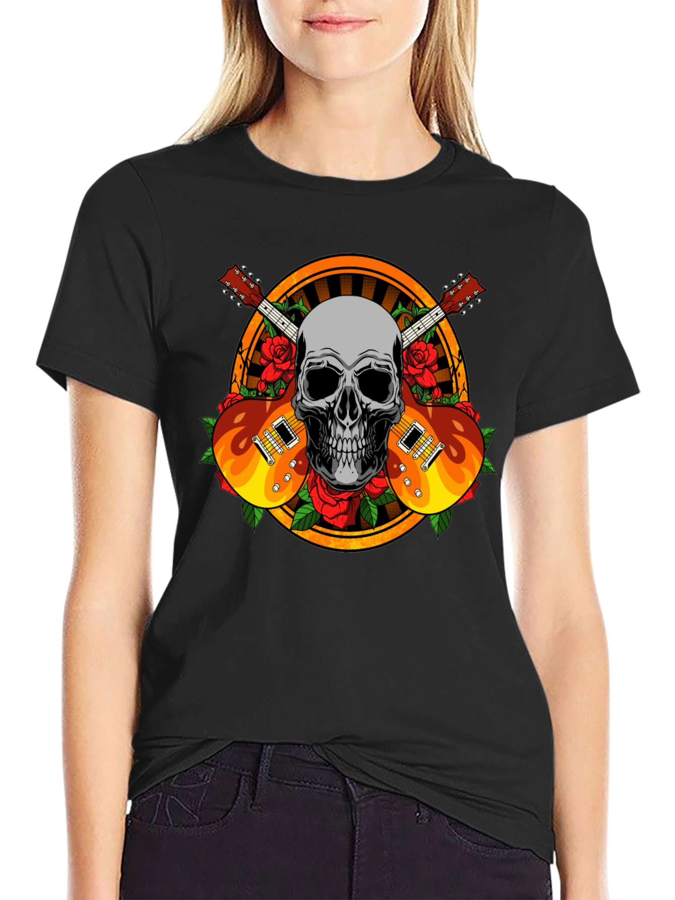 Skull Guitar and Roses Graphic Tee - Rocker Style