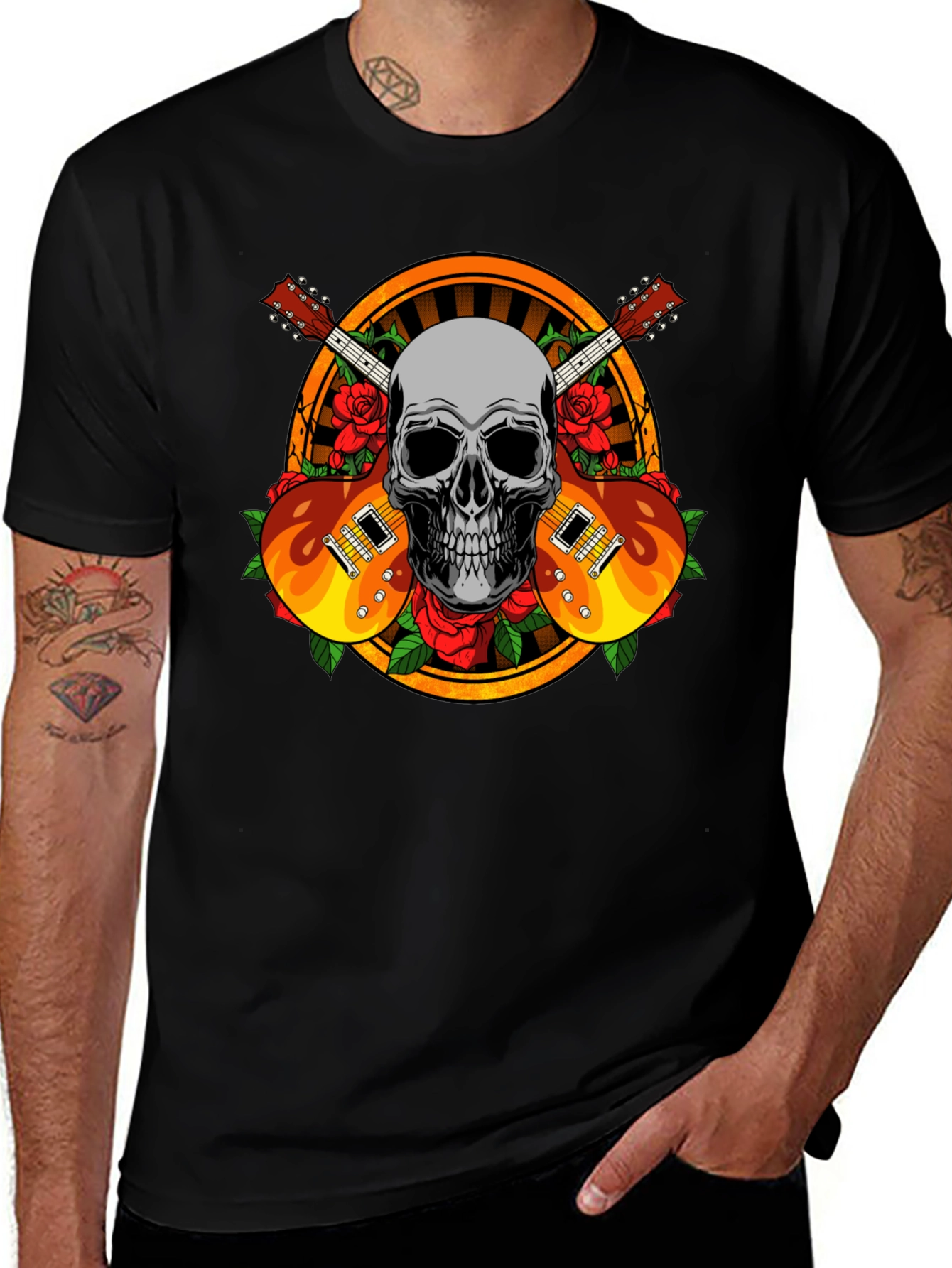 Skull Guitar and Roses Graphic Tee - Rocker Style