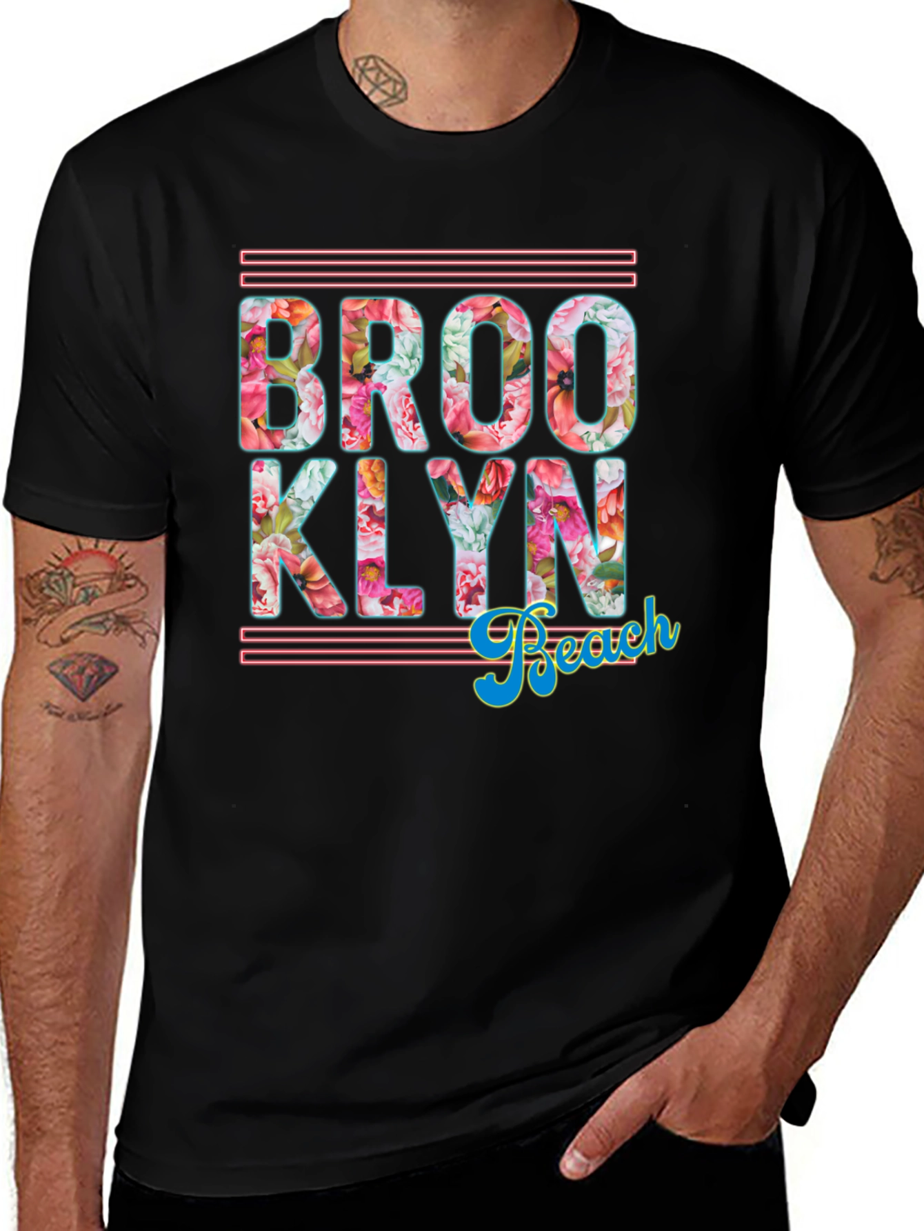 Brooklyn Beach Floral Print Black T-Shirt
