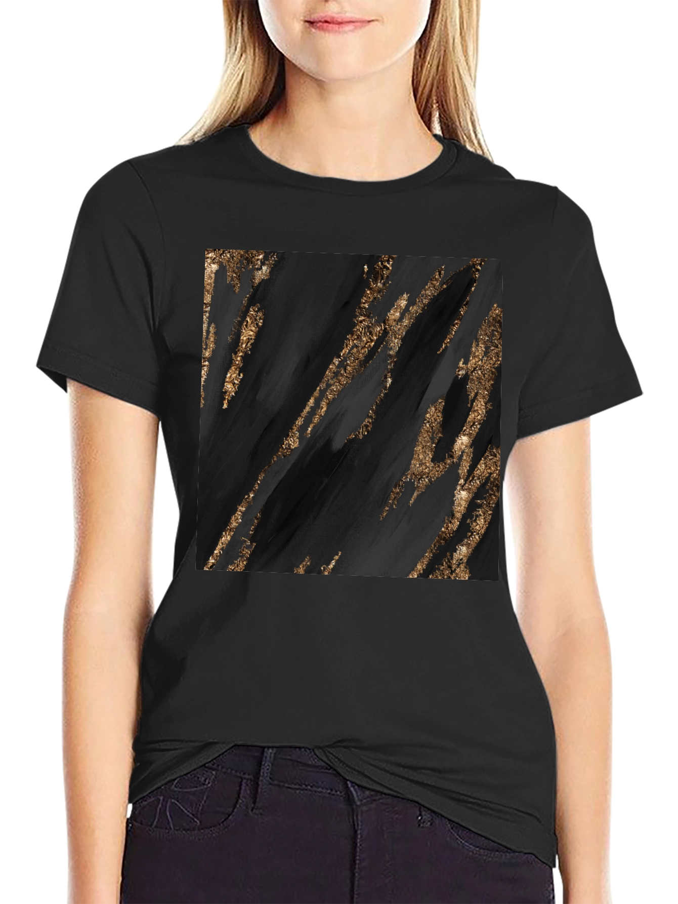 Abstract Gold Streak Graphic Black T-Shirt
