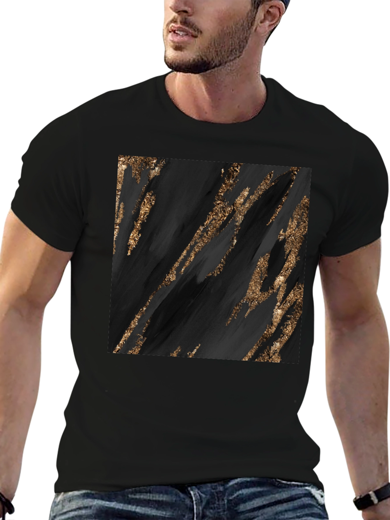 Abstract Gold Streak Graphic Black T-Shirt