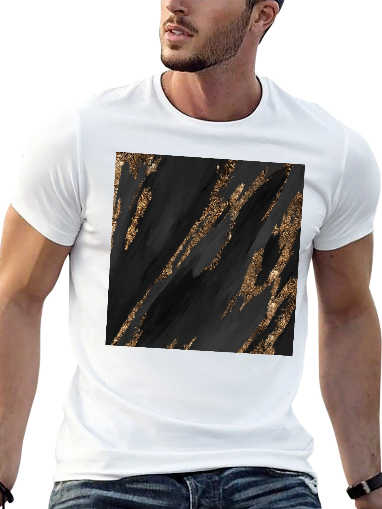 Abstract Gold Streak Graphic Black T-Shirt