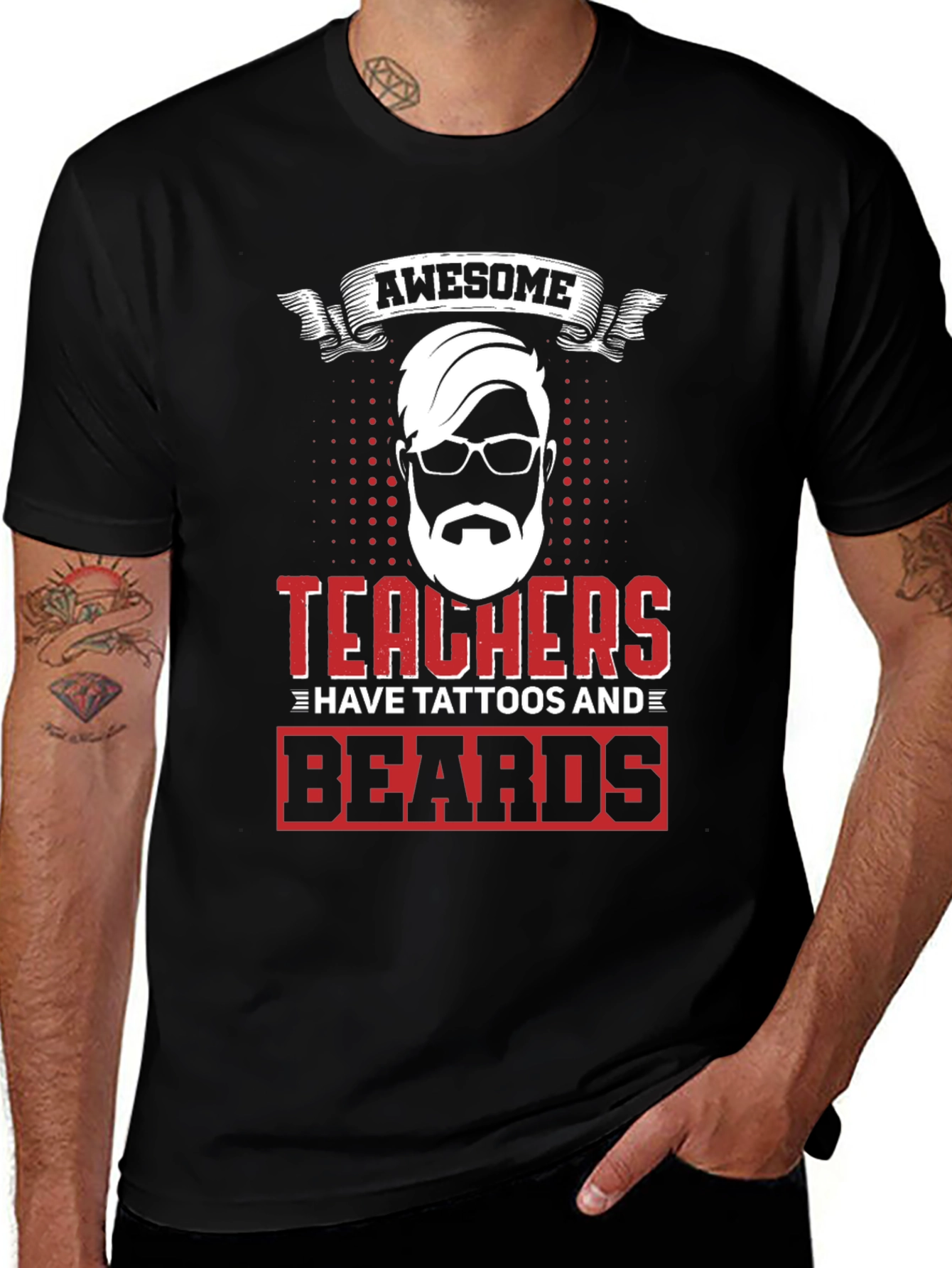 Awesome Teacher Tattoo Beard Black T-Shirt