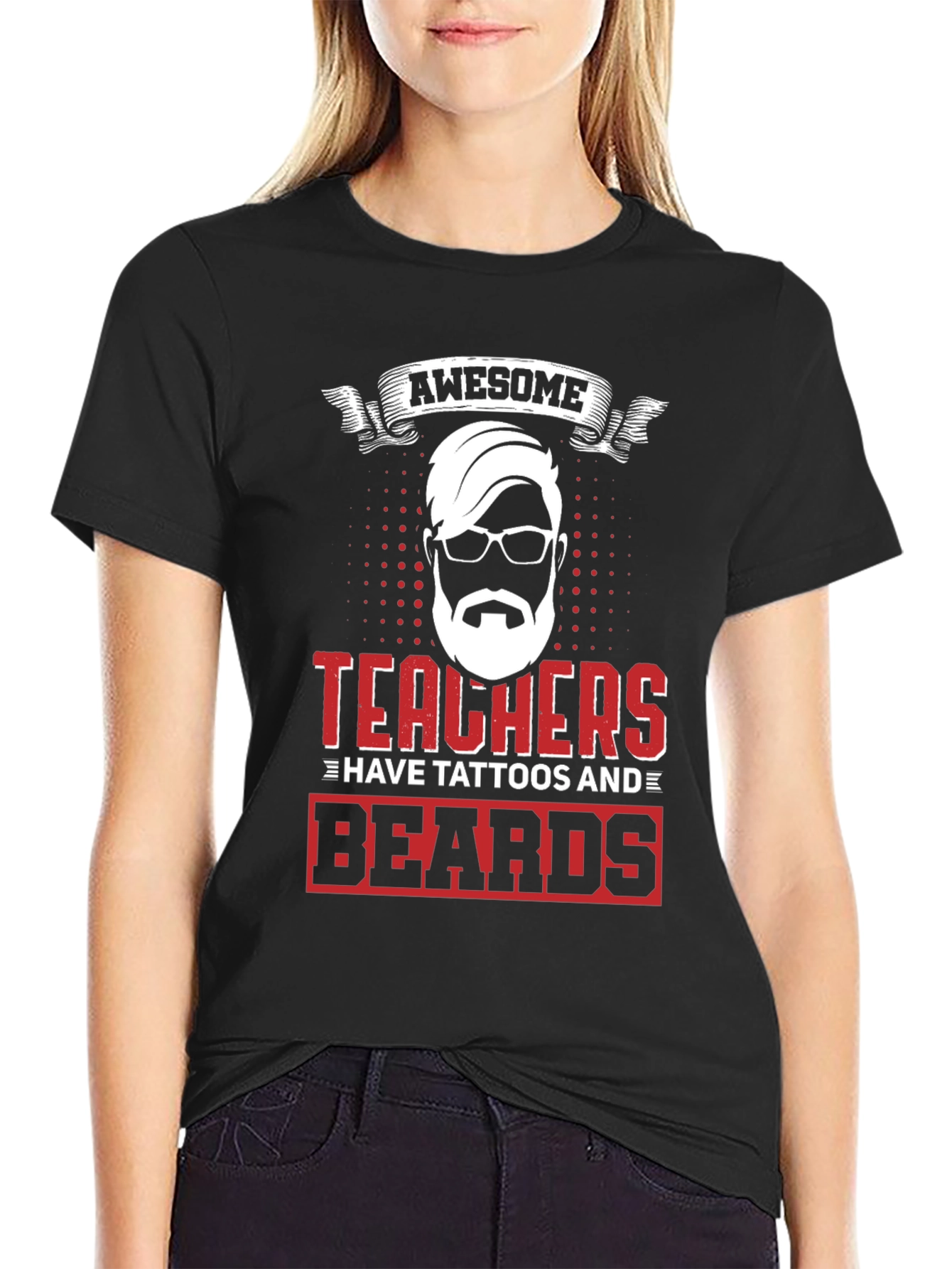 Awesome Teacher Tattoo Beard Black T-Shirt