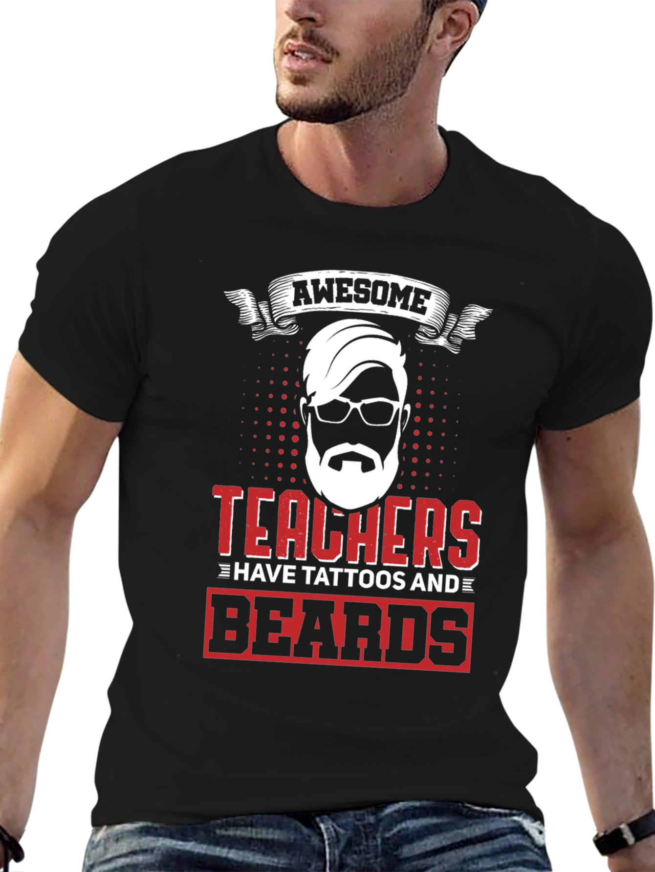 Awesome Teacher Tattoo Beard Black T-Shirt