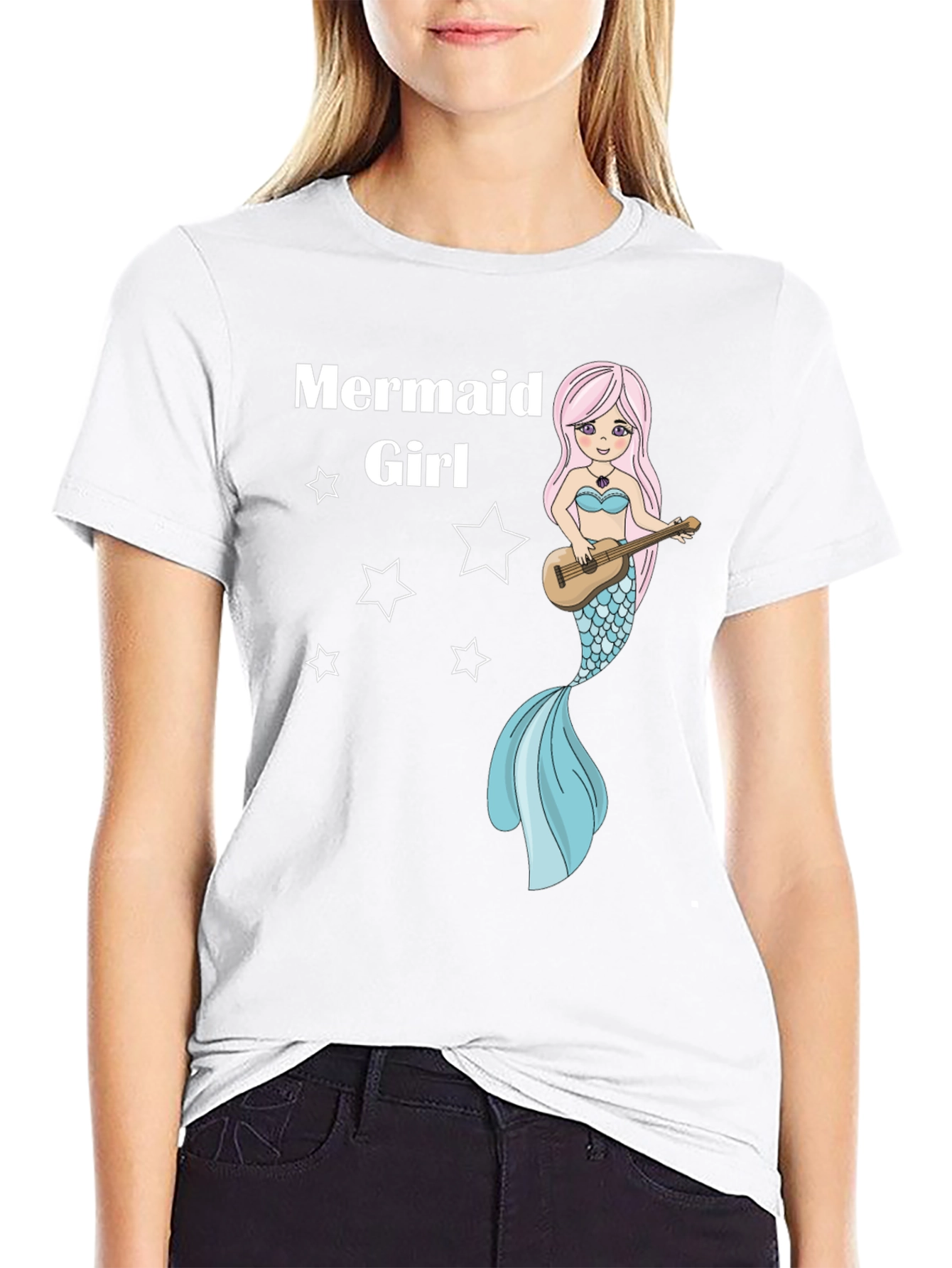 Mermaid Girl Graphic Tee - Black Cotton T-Shirt