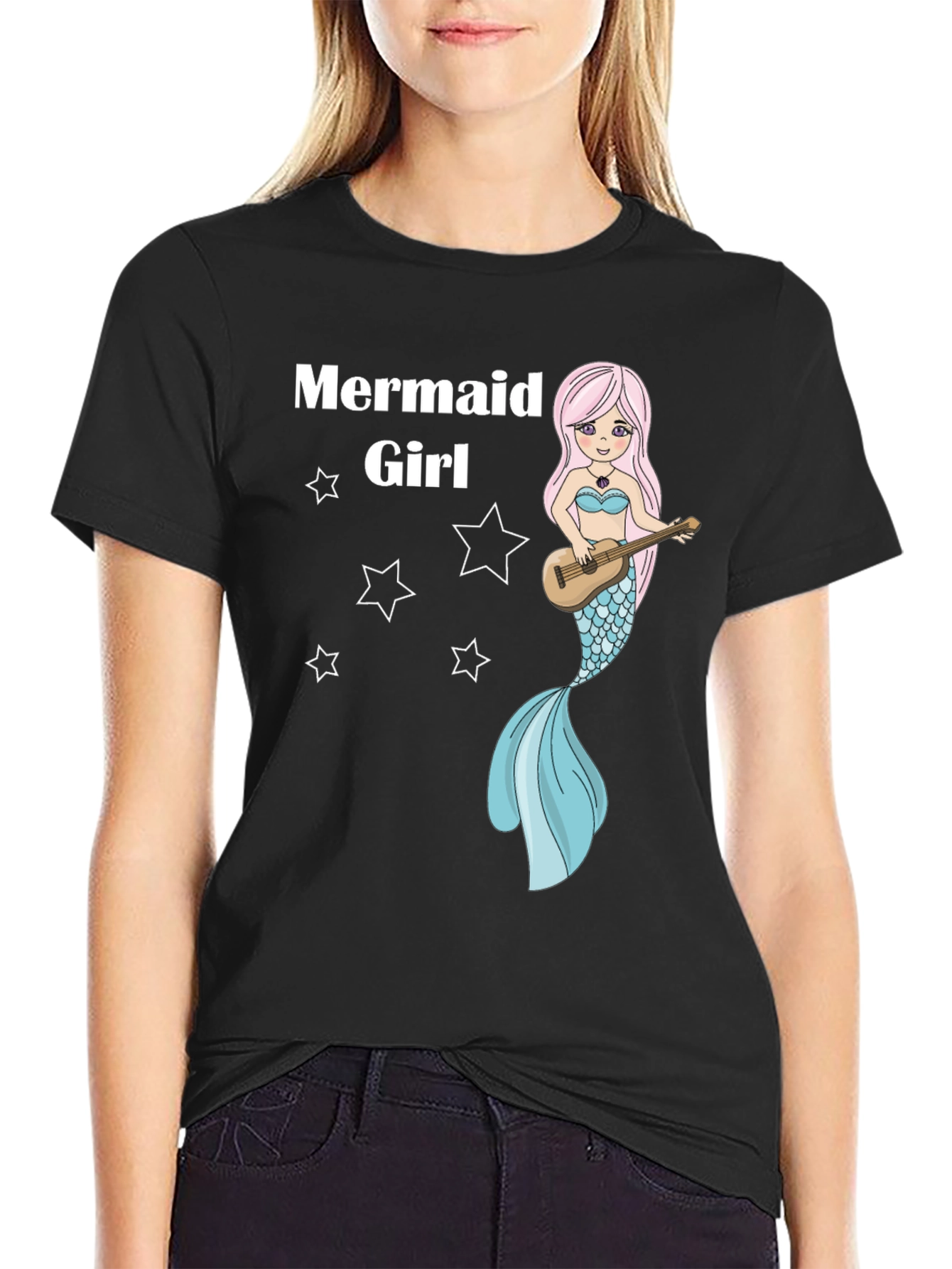 Mermaid Girl Graphic Tee - Black Cotton T-Shirt