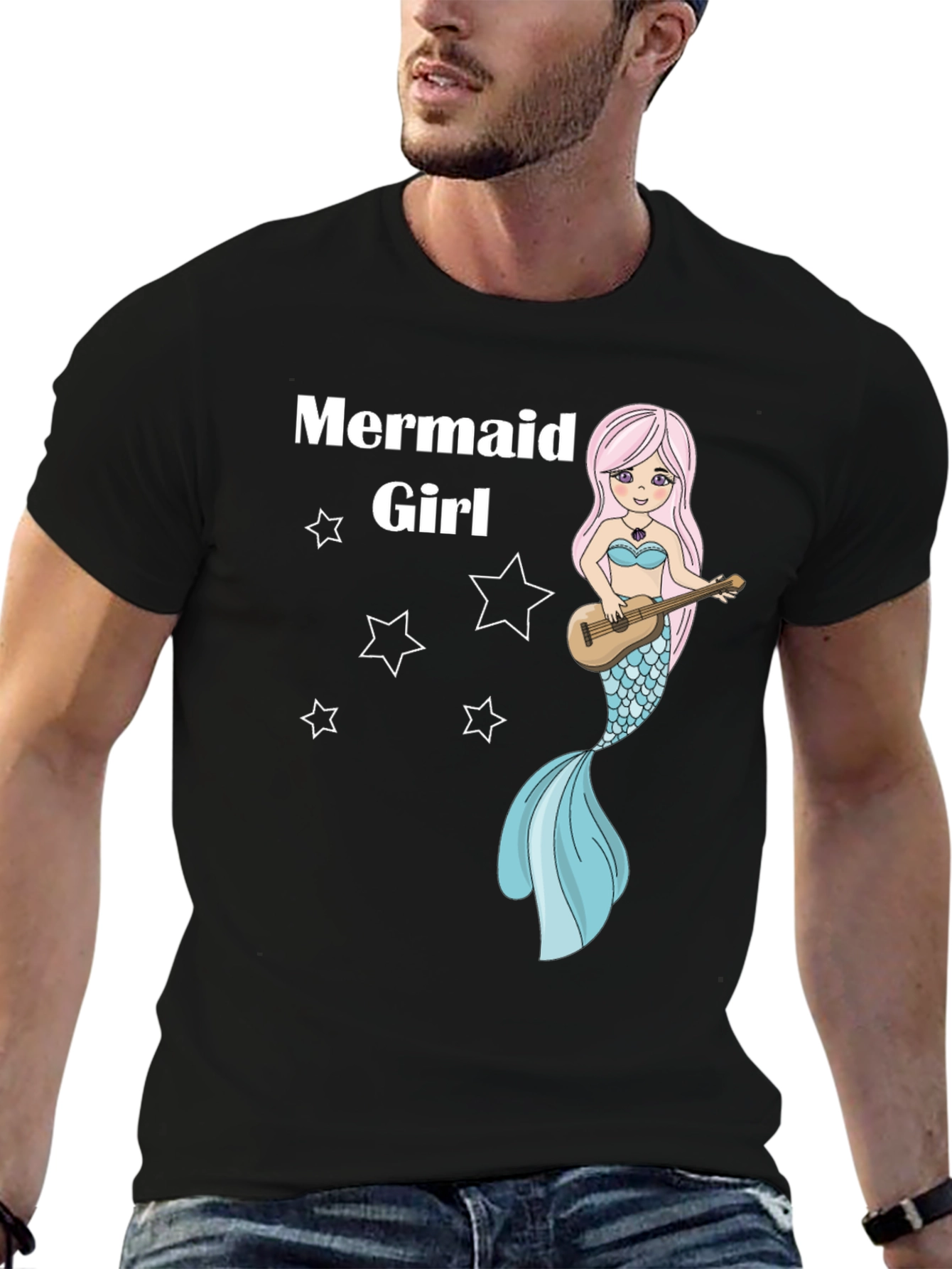 Mermaid Girl Graphic Tee - Black Cotton T-Shirt