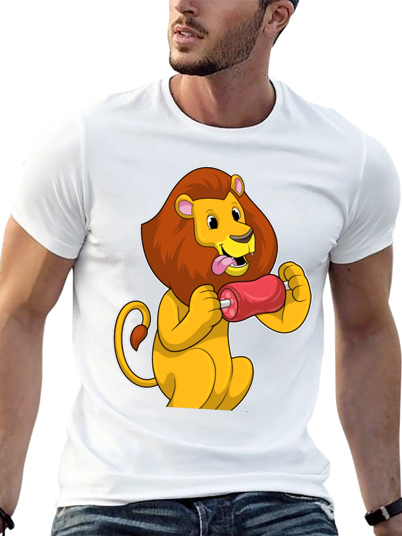 Lion Eating Meat T-Shirt - Cartoon Graphic Tee