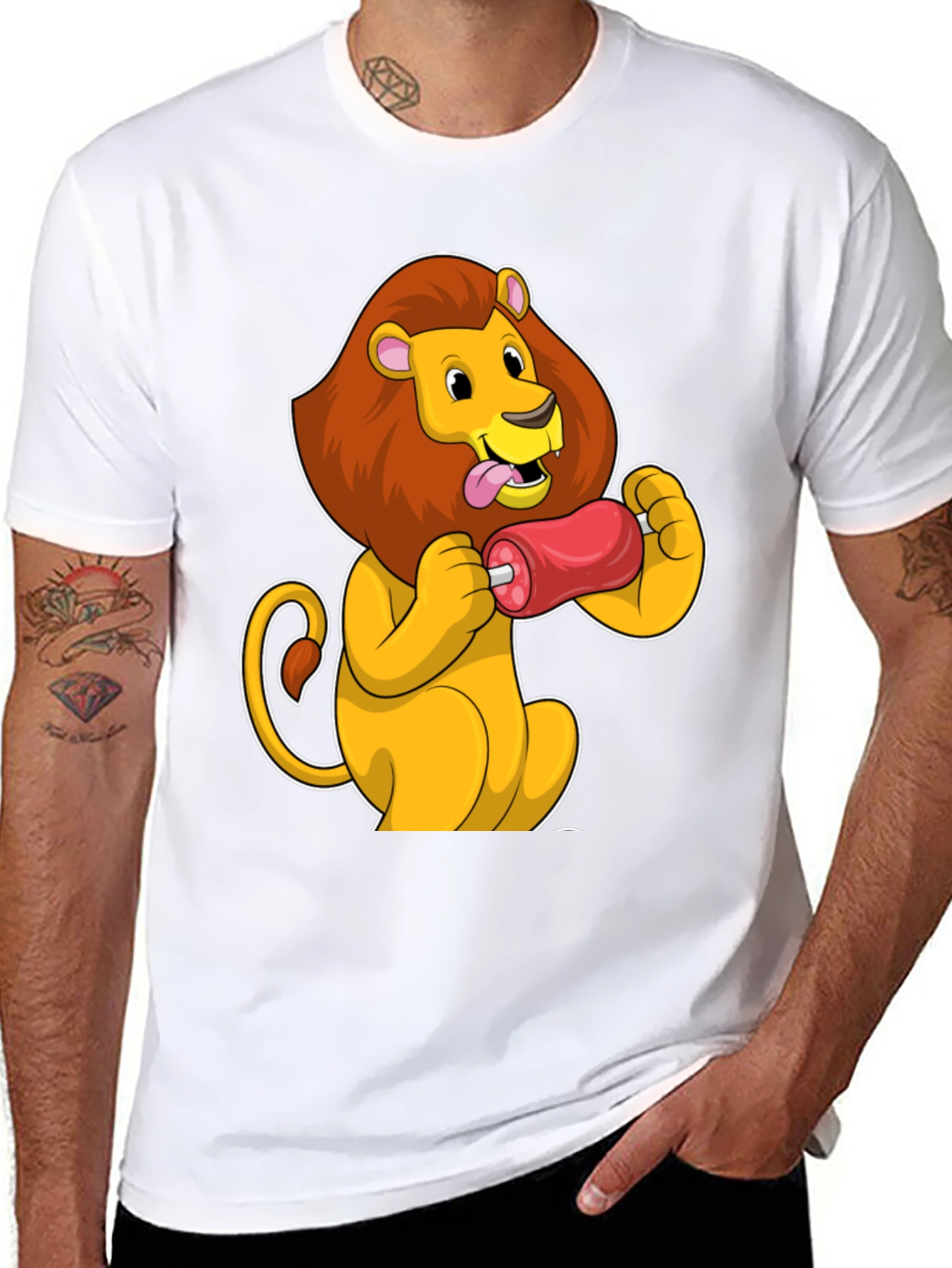 Lion Eating Meat T-Shirt - Cartoon Graphic Tee