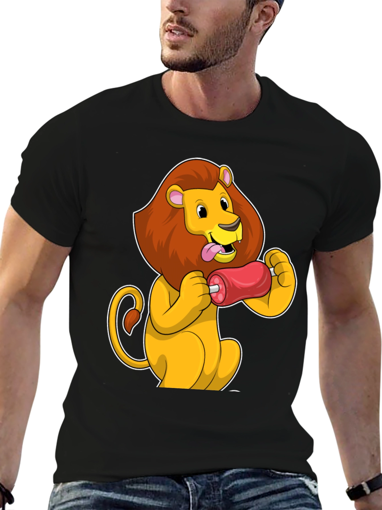 Lion Eating Meat T-Shirt - Cartoon Graphic Tee