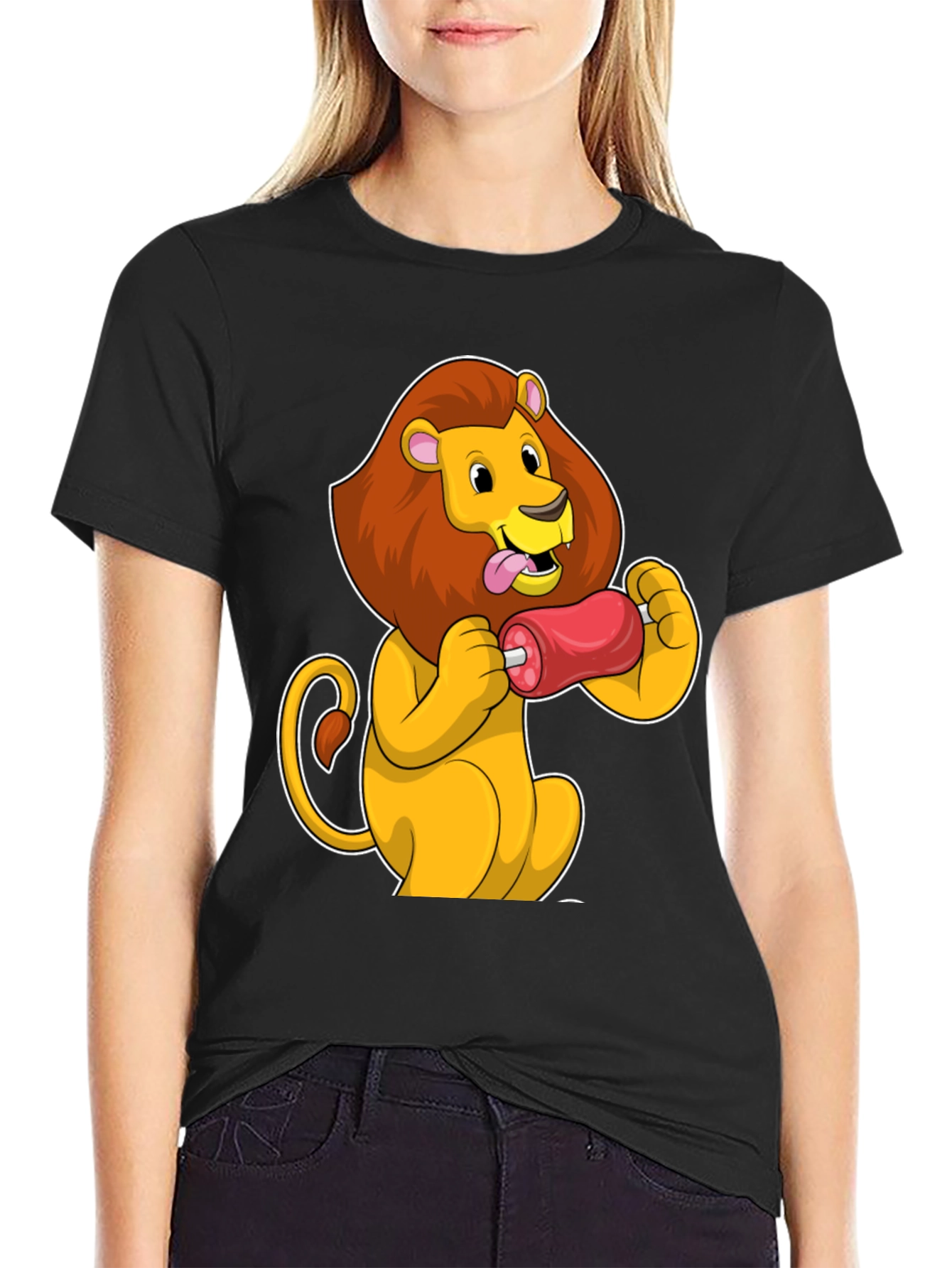 Lion Eating Meat T-Shirt - Cartoon Graphic Tee