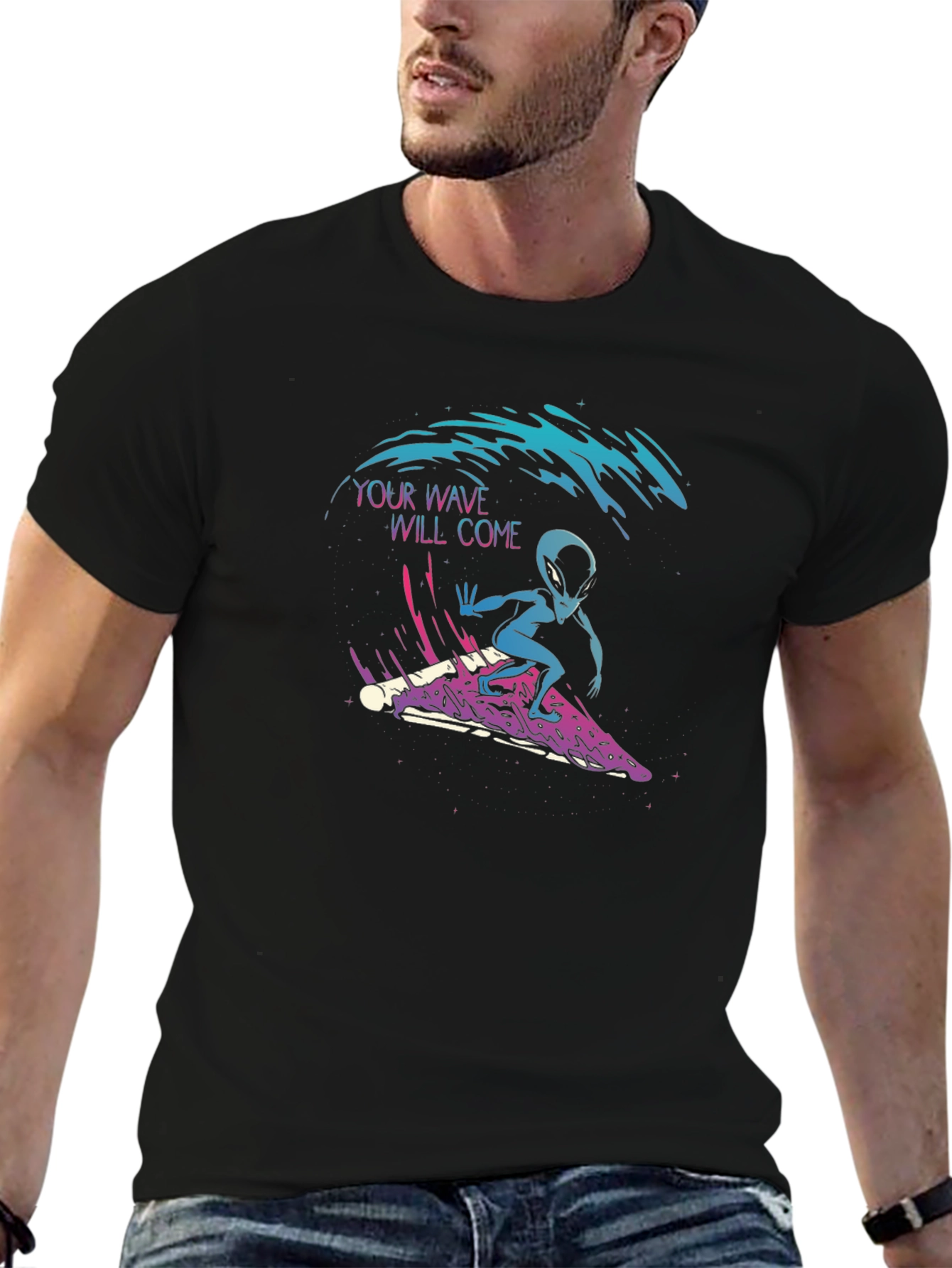 Surfing Alien Pizza T-Shirt - Your Wave Will Come