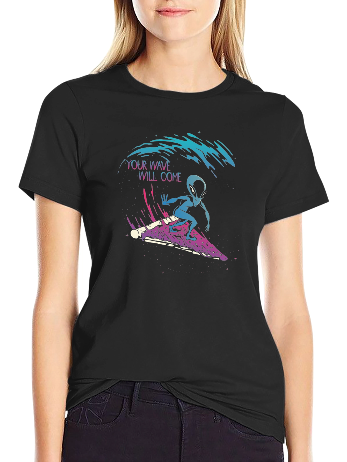 Surfing Alien Pizza T-Shirt - Your Wave Will Come