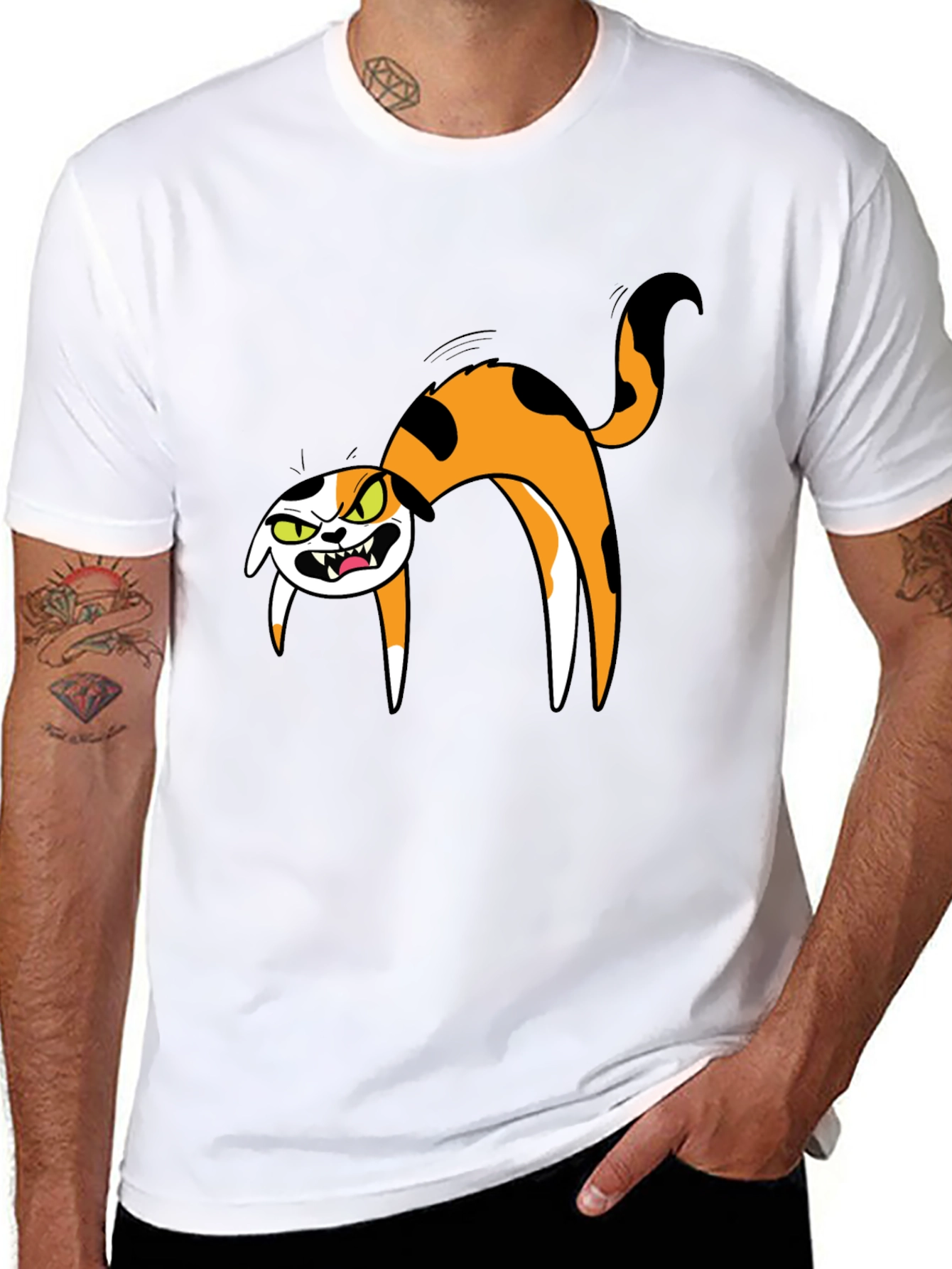 Mens Black T-Shirt with Cartoon Angry Cat Design
