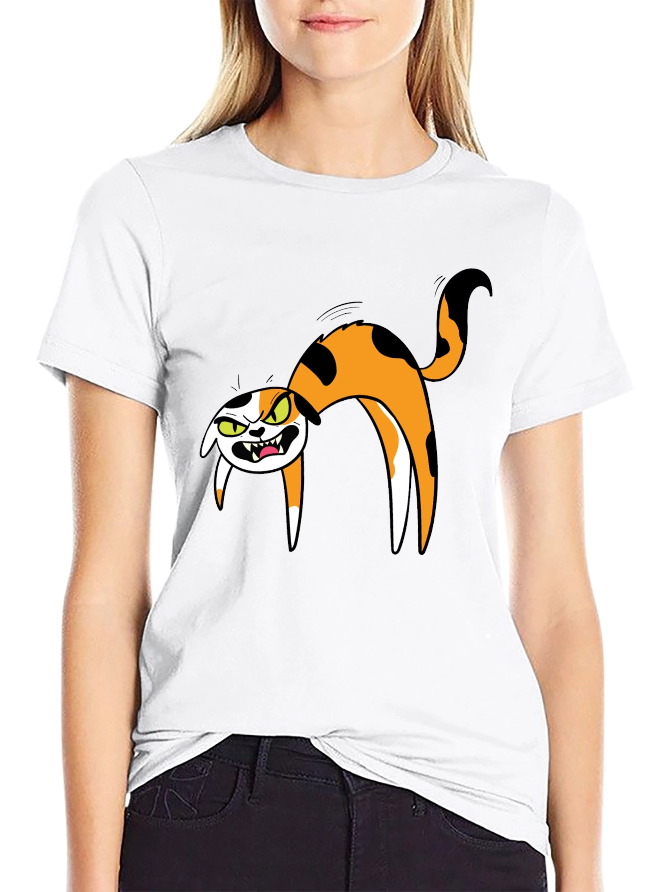 Mens Black T-Shirt with Cartoon Angry Cat Design