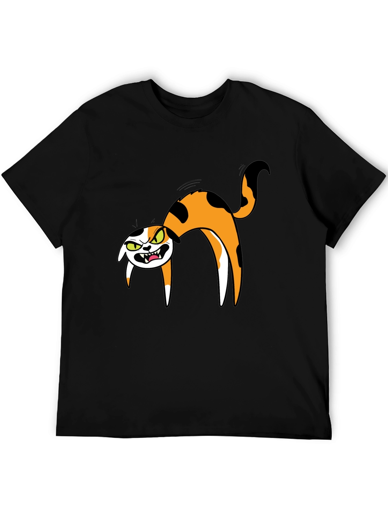 Mens Black T-Shirt with Cartoon Angry Cat Design