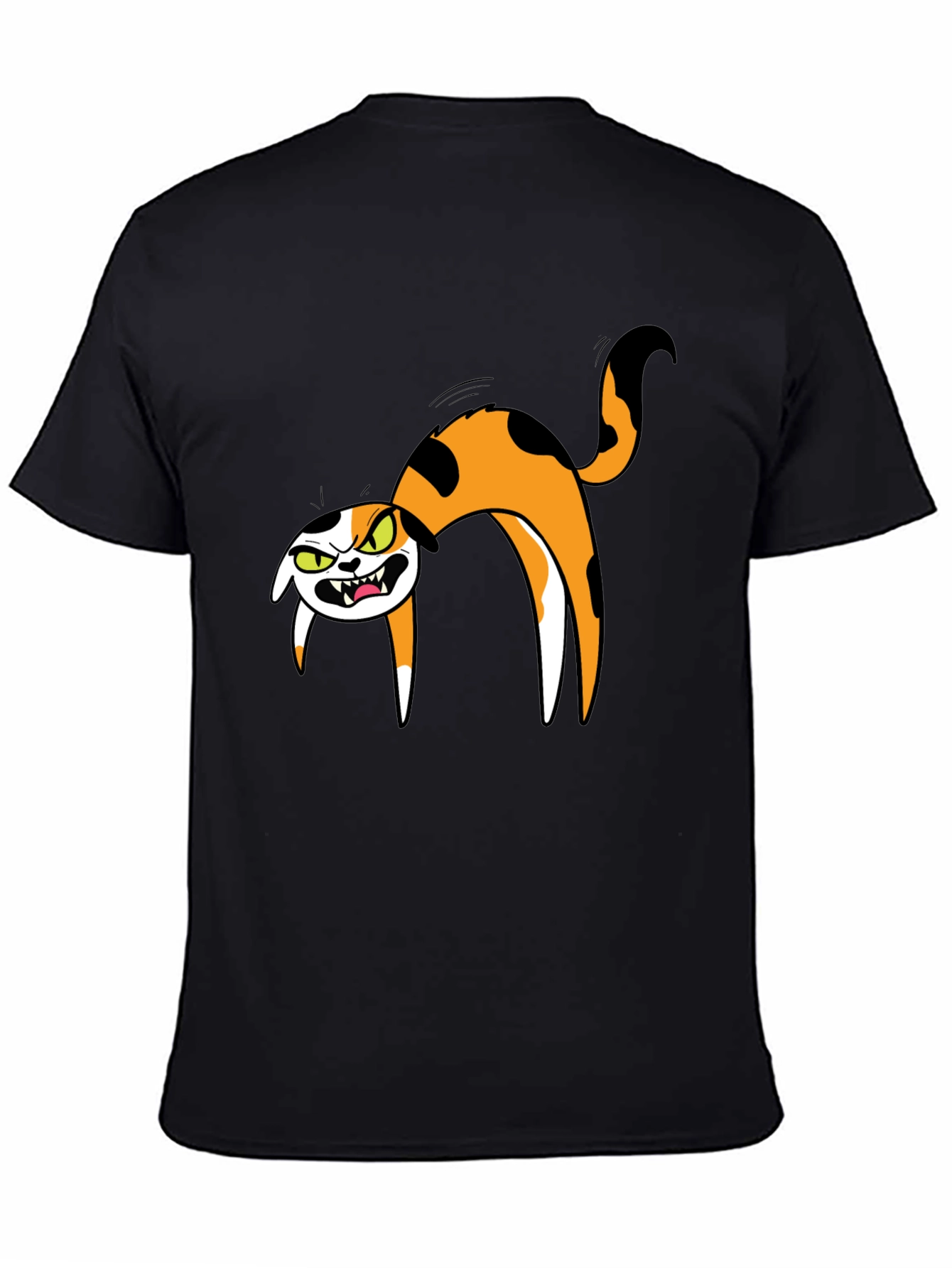Mens Black T-Shirt with Cartoon Angry Cat Design