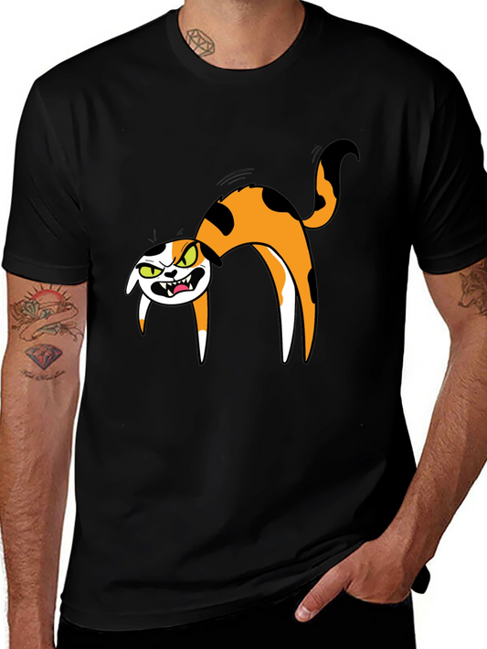 Mens Black T-Shirt with Cartoon Angry Cat Design
