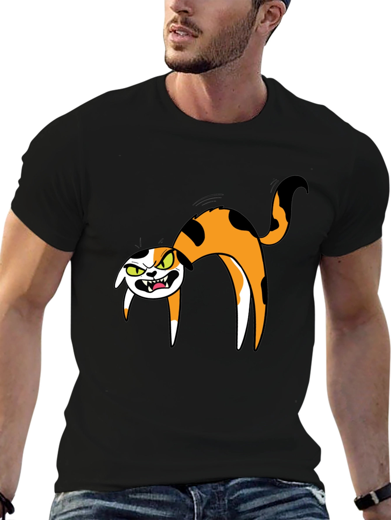 Mens Black T-Shirt with Cartoon Angry Cat Design