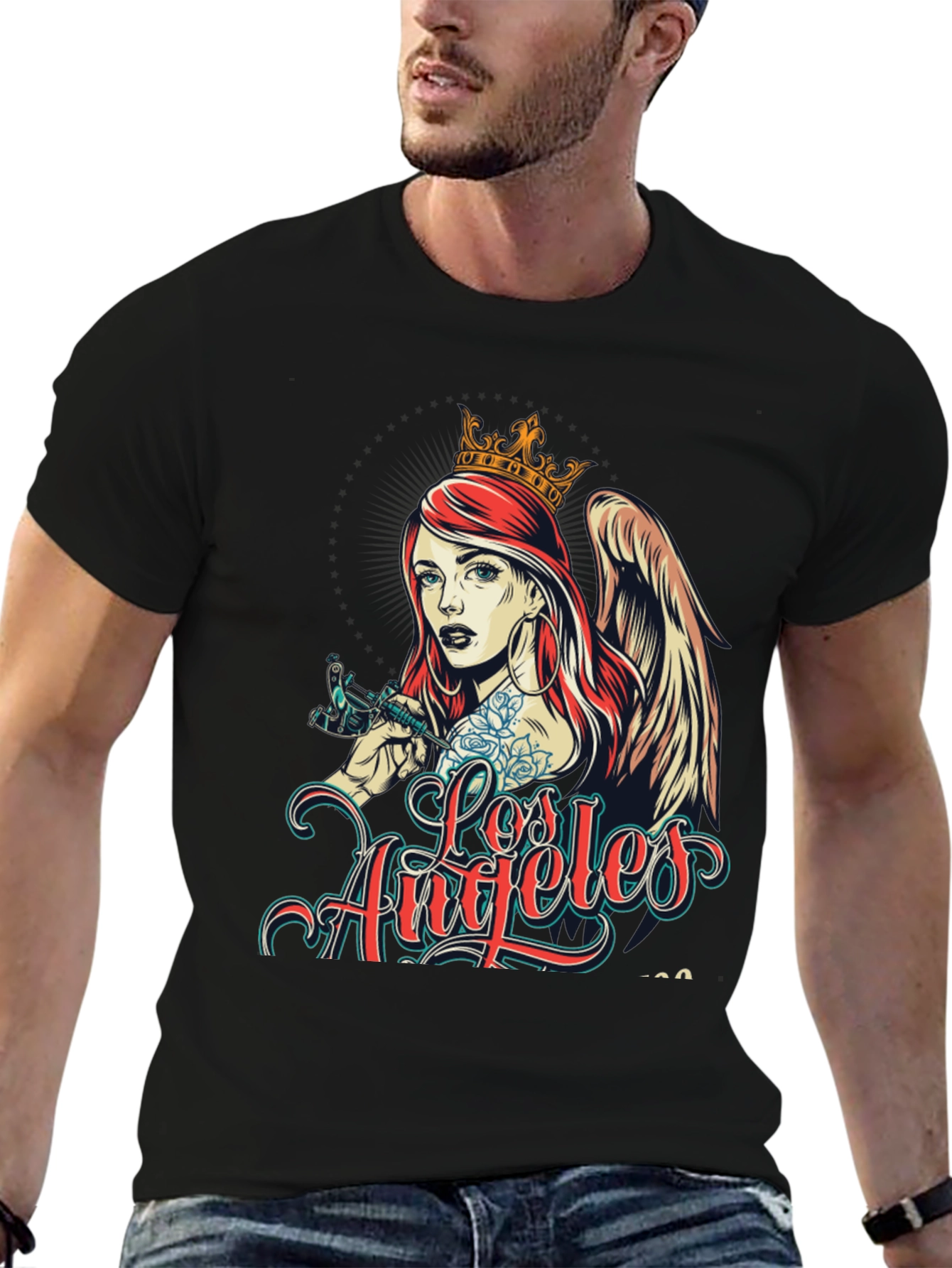 Los Angeles Tattoo Angel Graphic Black T-Shirt